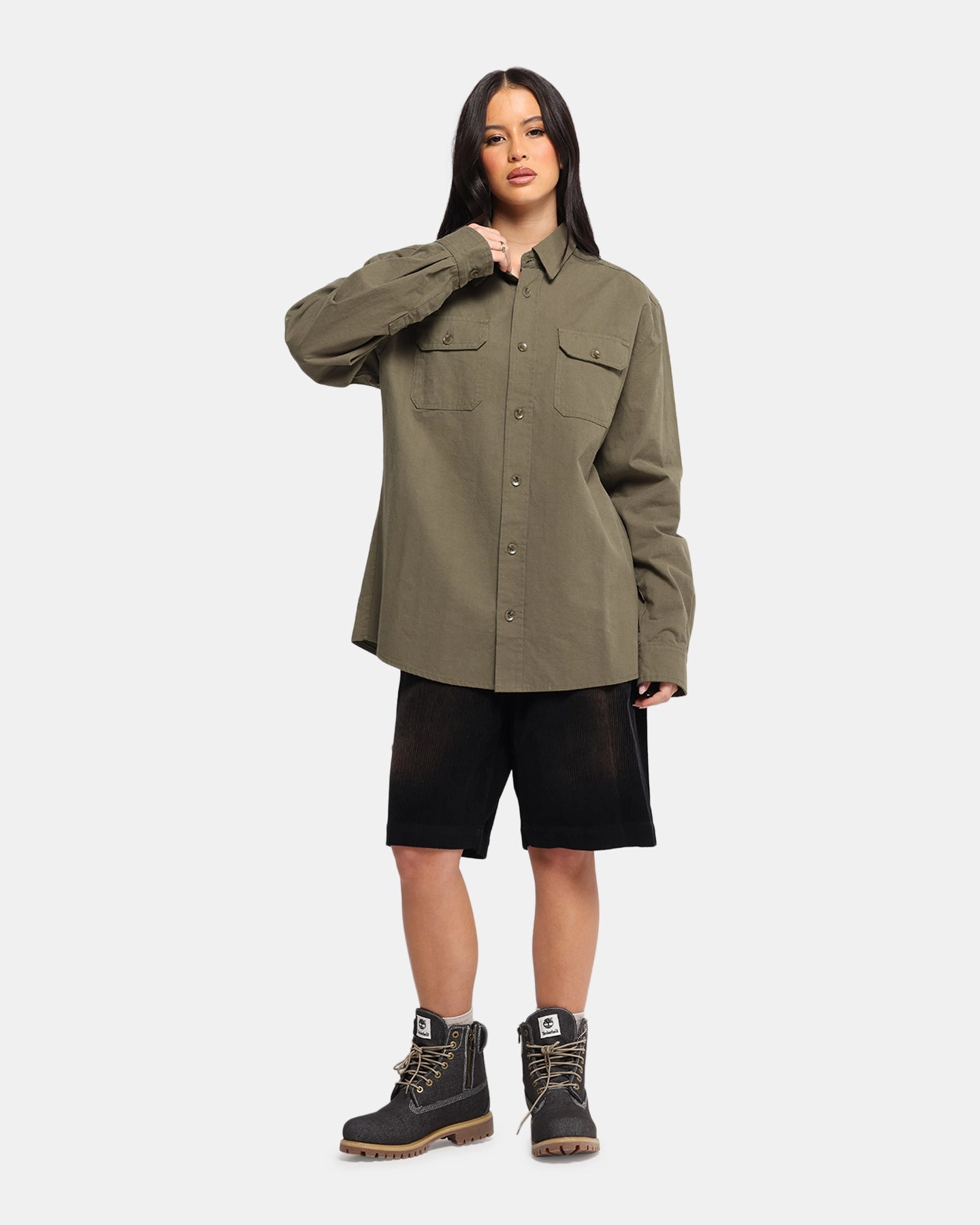 XXIII Slub Overshirt Khaki CrewNeck DoubleStitching