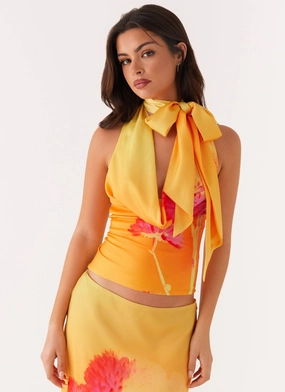 Nala Top - Orange Floral Metallic Fiber Blend Placket Detailing