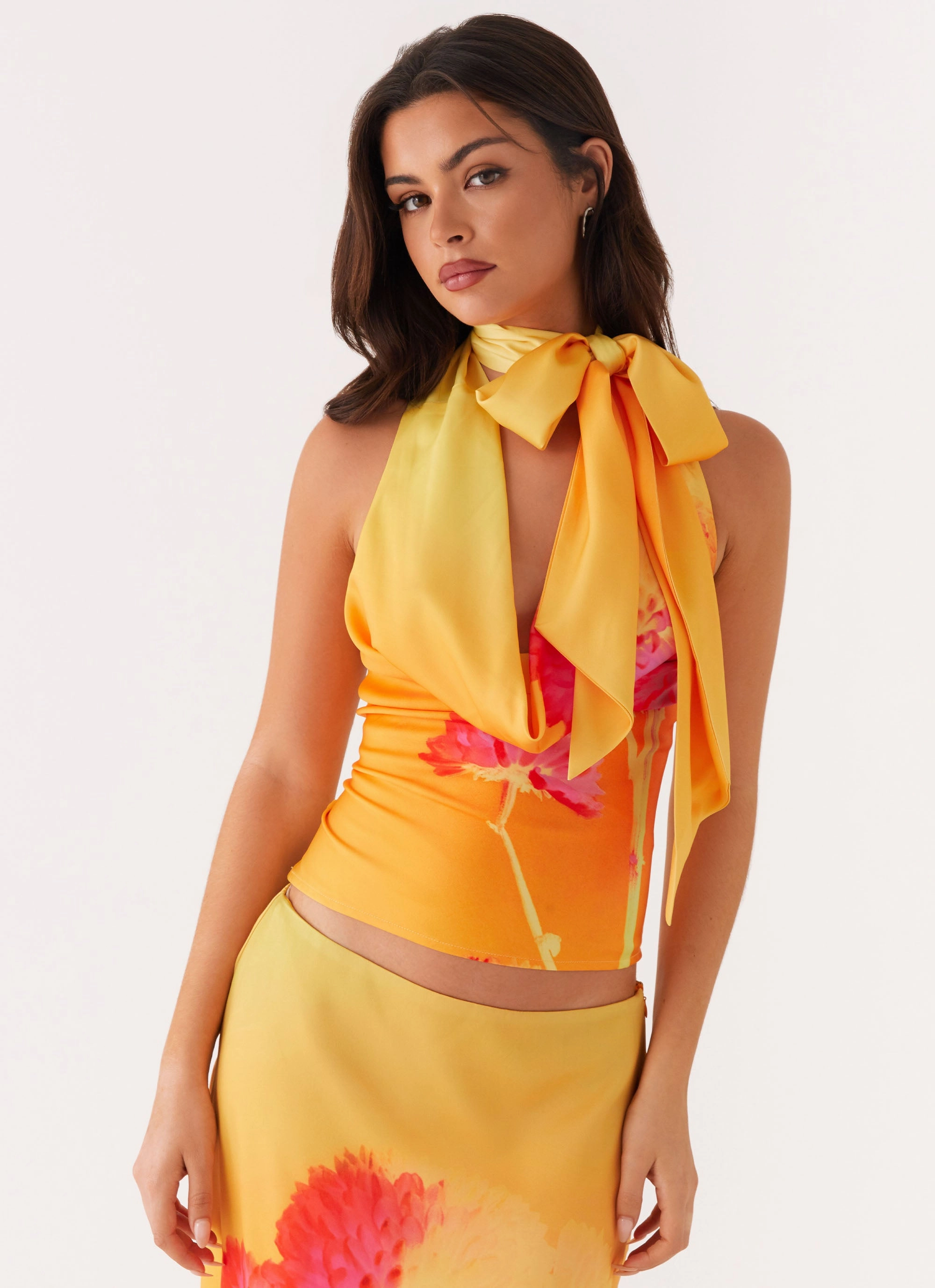 Nala Top - Orange Floral Metallic Fiber Blend Placket Detailing