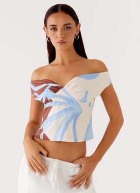 Ozella Off Shoulder Top - Bloom Wave Print Relaxed Crew Neck Opening