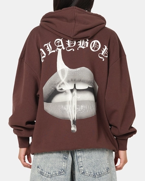 Playboy Gothic Mono Lips Hoodie Washed Brown Casual Pullover Abrasion Resistant Fabric