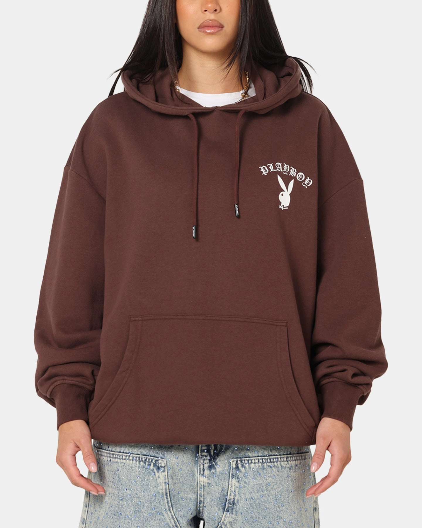 Anti Odor Finish Thermal Regulation Fabric Playboy Gothic Mono Lips Hoodie Washed Brown