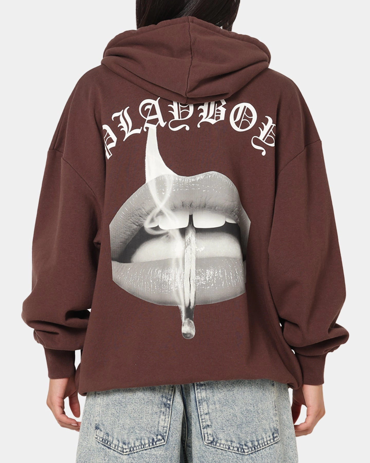 Playboy Gothic Mono Lips Hoodie Washed Brown Casual Pullover Abrasion Resistant Fabric