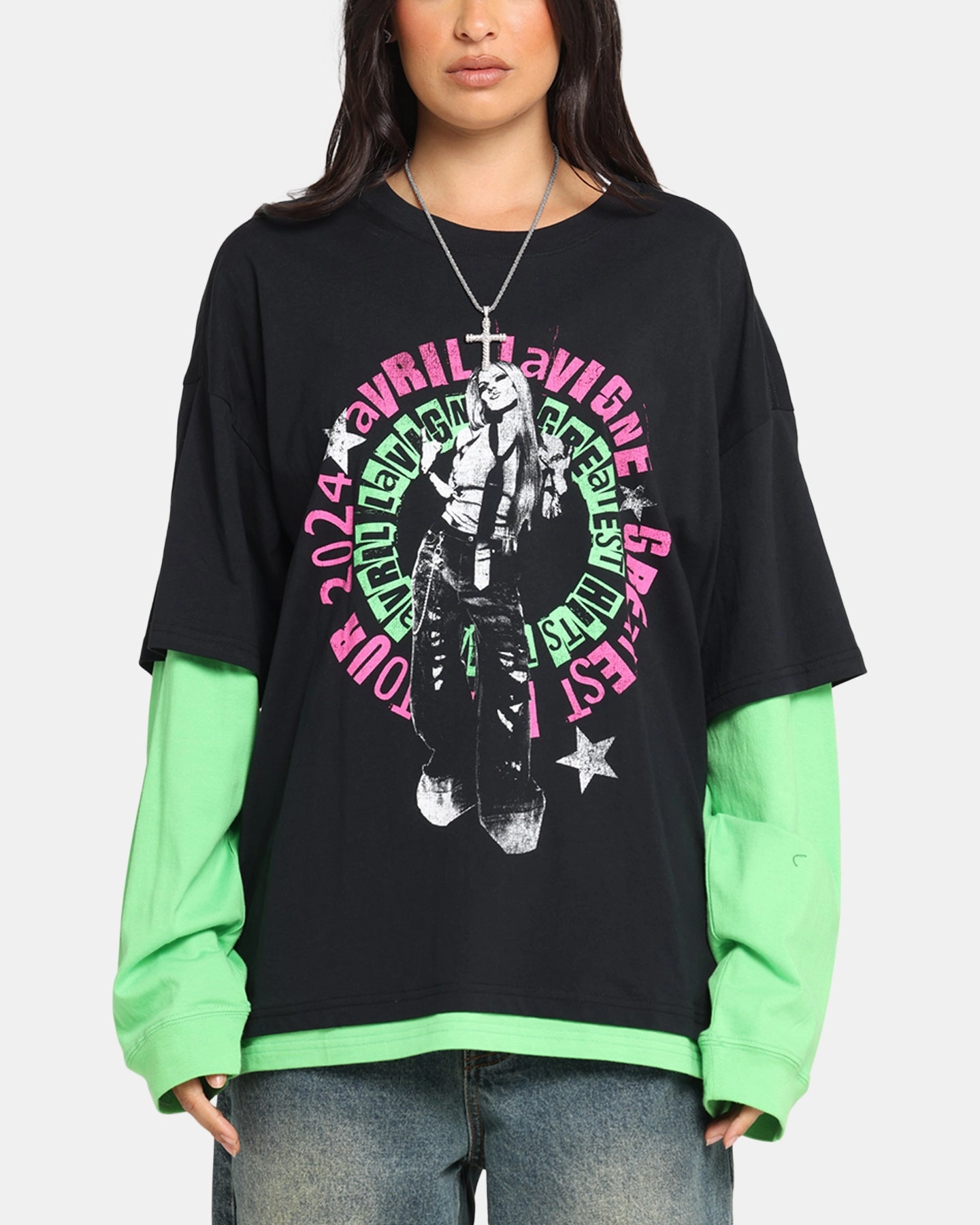 Flatlock Seam Avril Lavigne Avril Layered Long Sleeve T-Shirt Black Wash