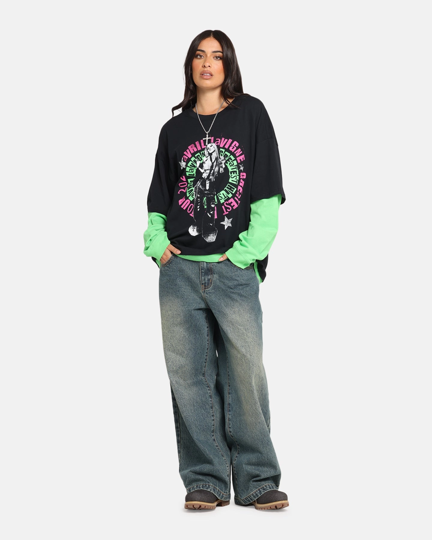 Avril Lavigne Avril Layered Long Sleeve T-Shirt Black Wash Layered Shoulder