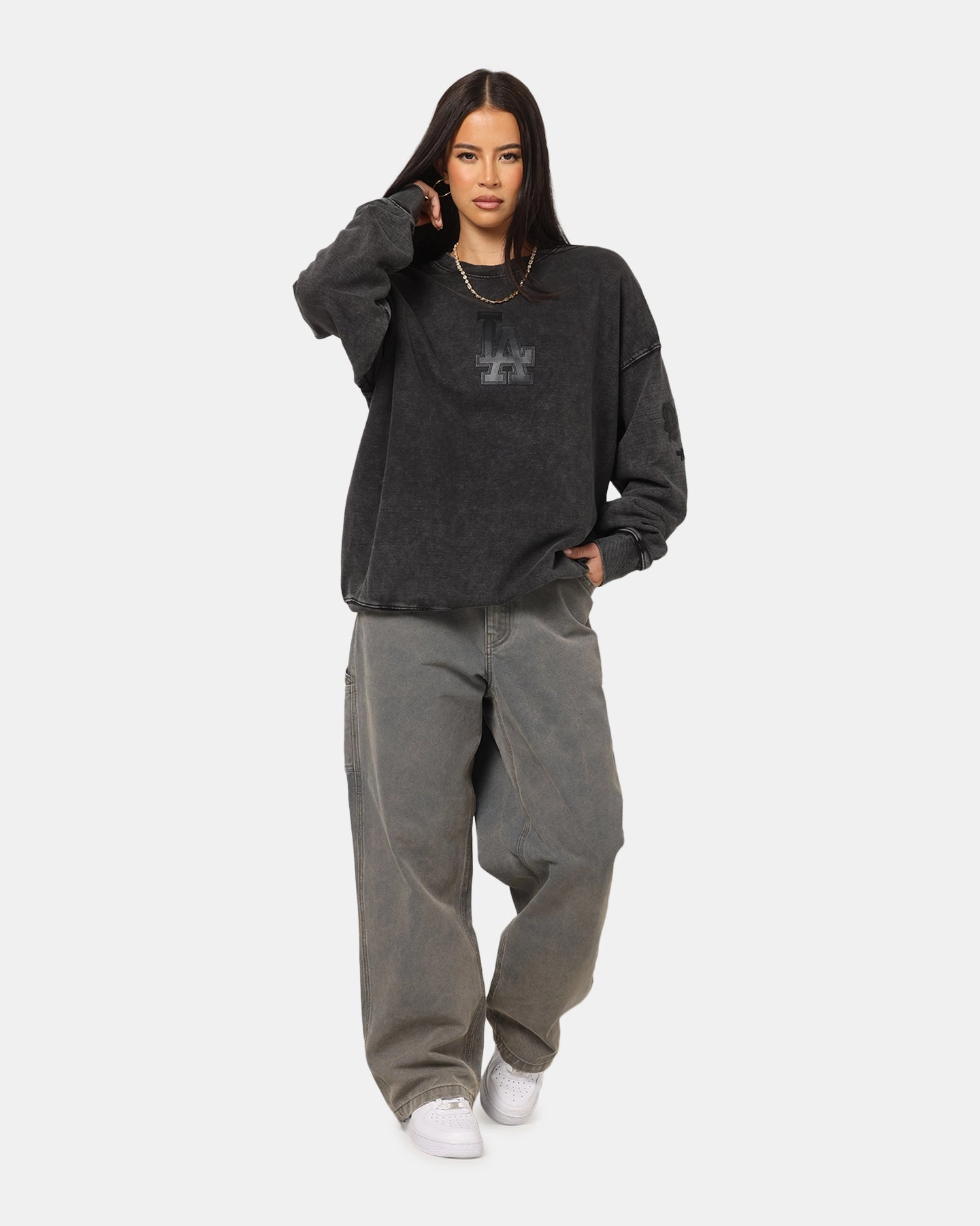 Pro Standard Los Angeles Dodgers 'Wash Vanguard' Fleece Crewneck Washed Black Reinforced Shoulder SublimatedPrint