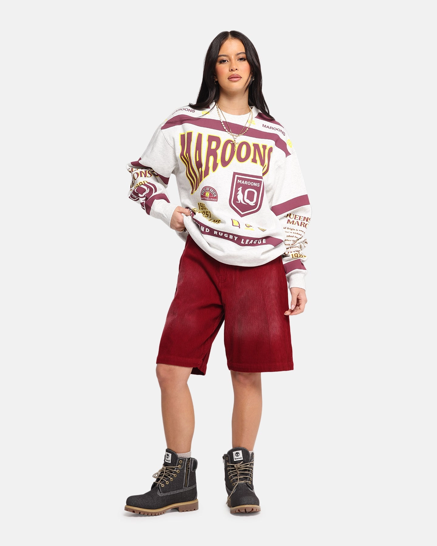 Queensland Rugby League Queensland Maroons Team Crewneck Silver Marle Quick Release Buttons Yarn Dyed Fabric