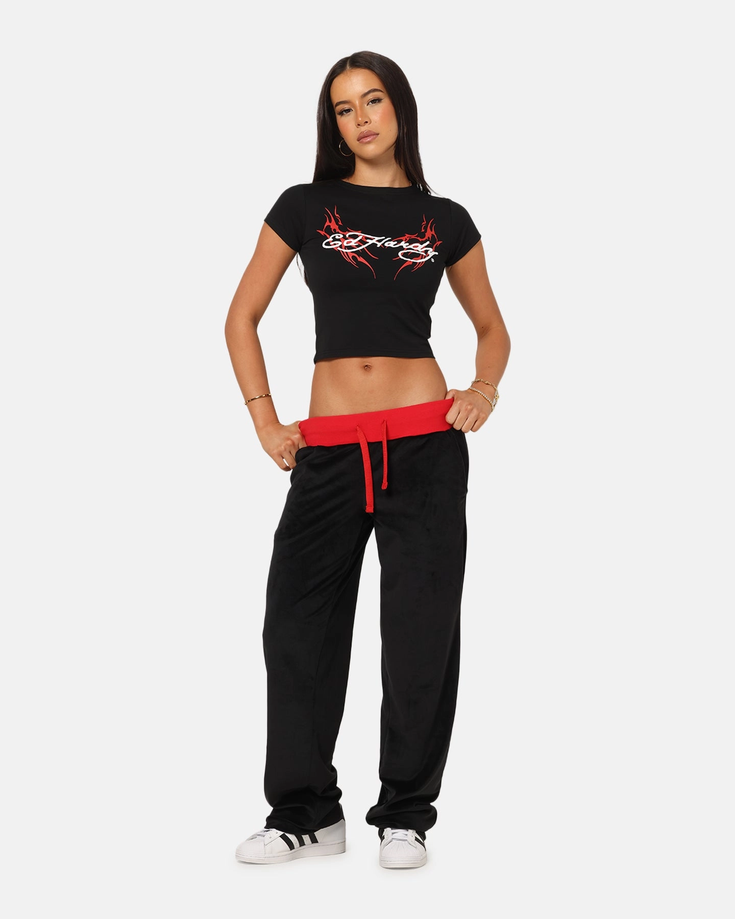 Ed Hardy Women's Tribal Baby T-Shirt Black/Red DurableStitching