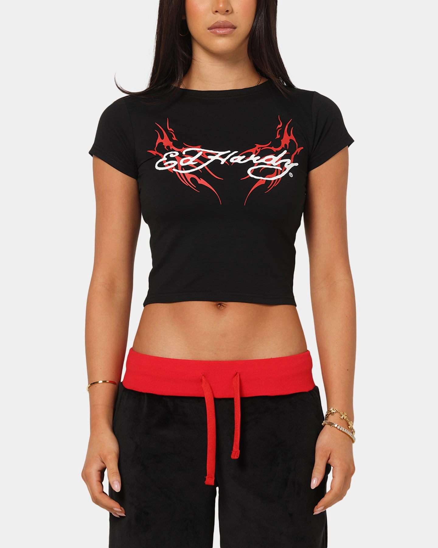 Ed Hardy Women's Tribal Baby T-Shirt Black/Red OdorControl AbrasionResistant Surface