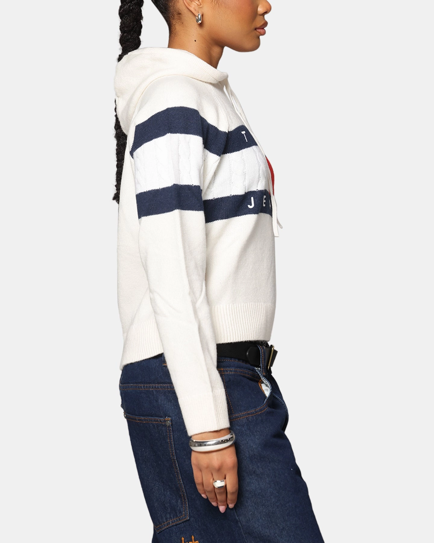 Tommy Jeans Women's TJW Center Flag Hoodie Sweater Ancient White Stretch Waistband Design