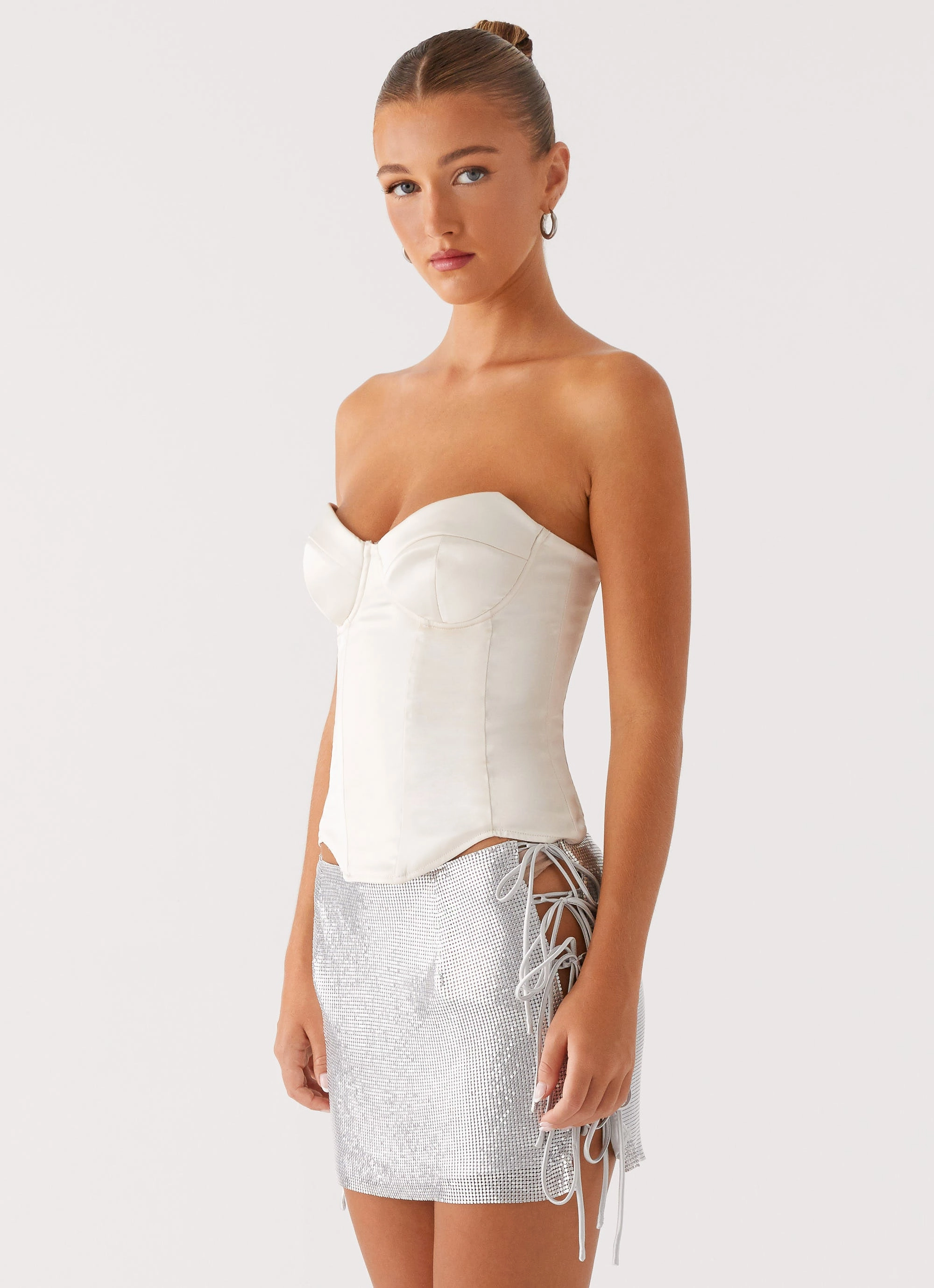 Multi Panel Cut Radar Satin Corset - Ivory
