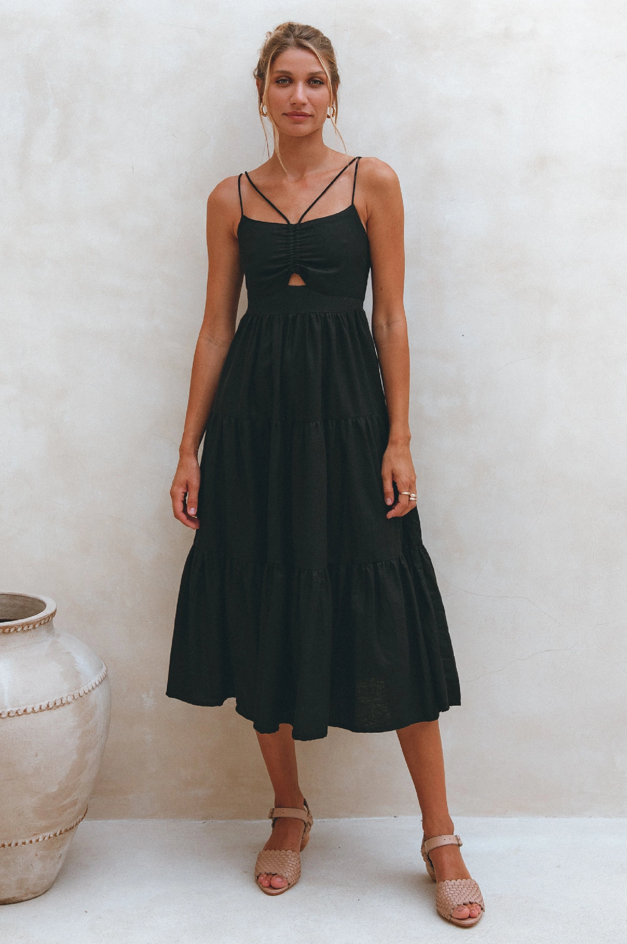 Matte-Lining Rafaela Strappy Linen Midi Dress