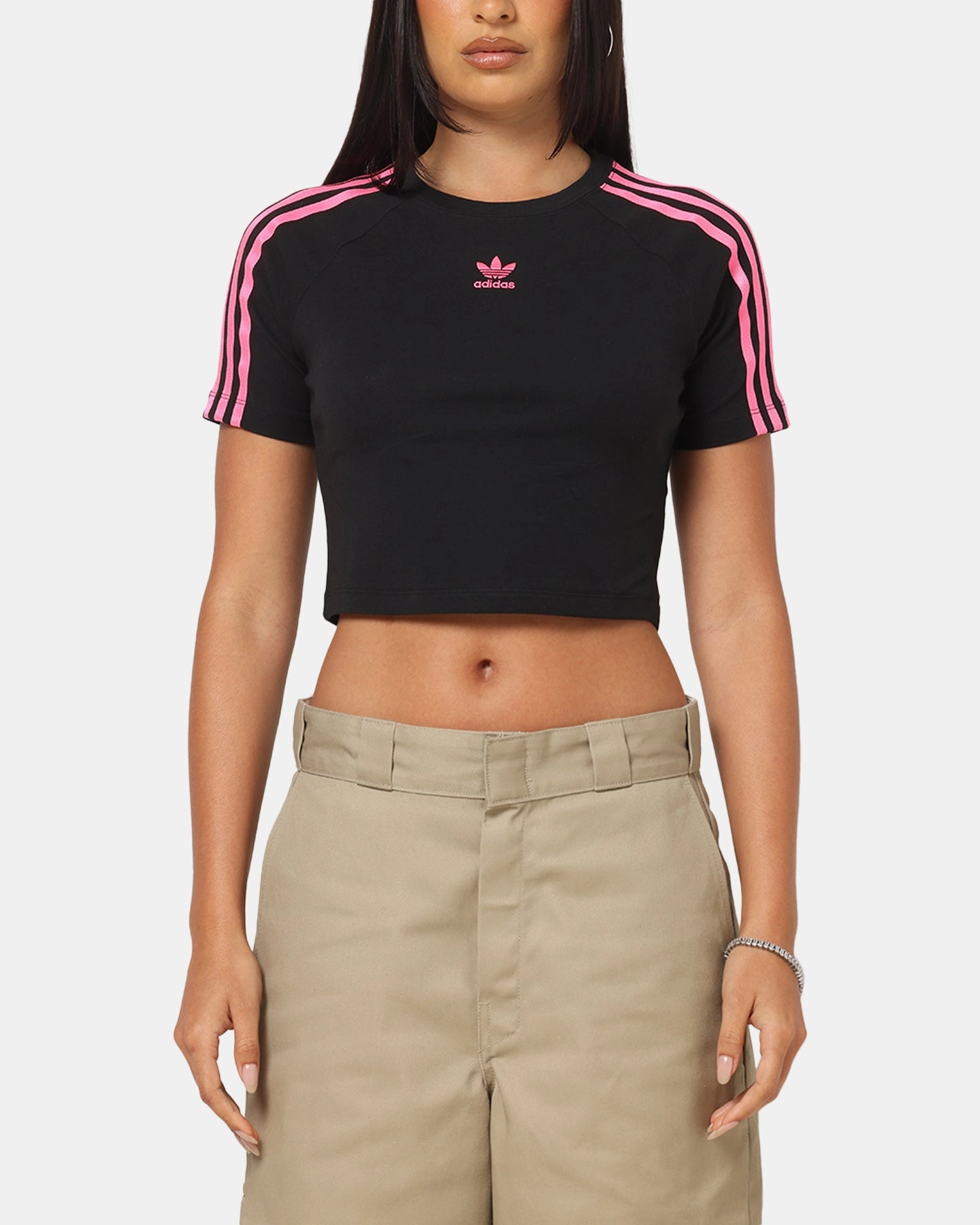 Breathable Lining Adidas Women's 3-Stripes Baby T-Shirt Black/Lucid Pink