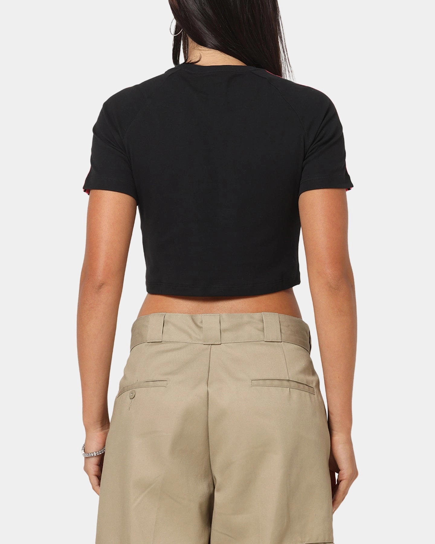 Adidas Women's 3-Stripes Baby T-Shirt Black/Lucid Pink Stretch Knit Material Circular Knit Technique