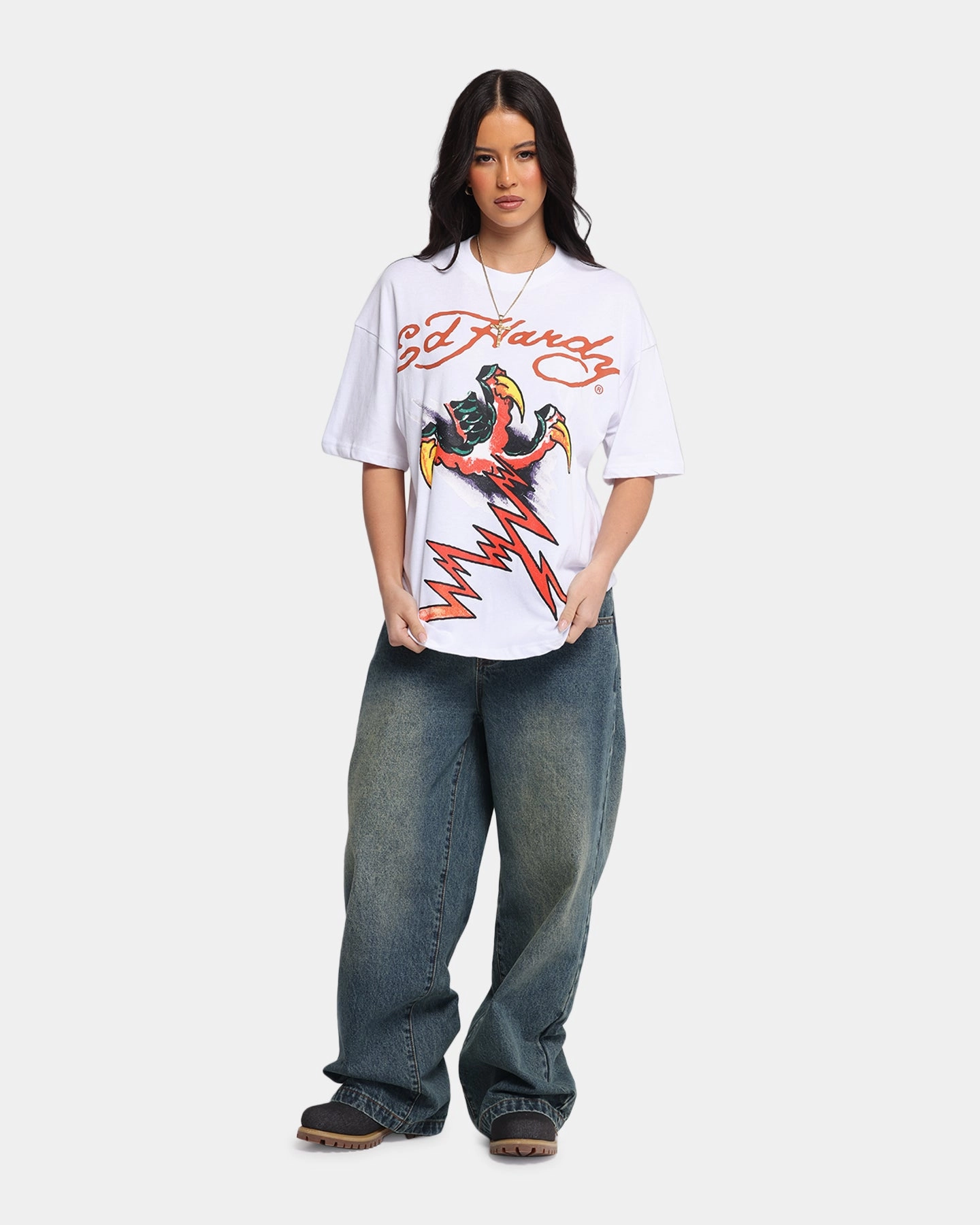 Two Tone Texture Effect Oversized Fit Ed Hardy Lightning T-Shirt White