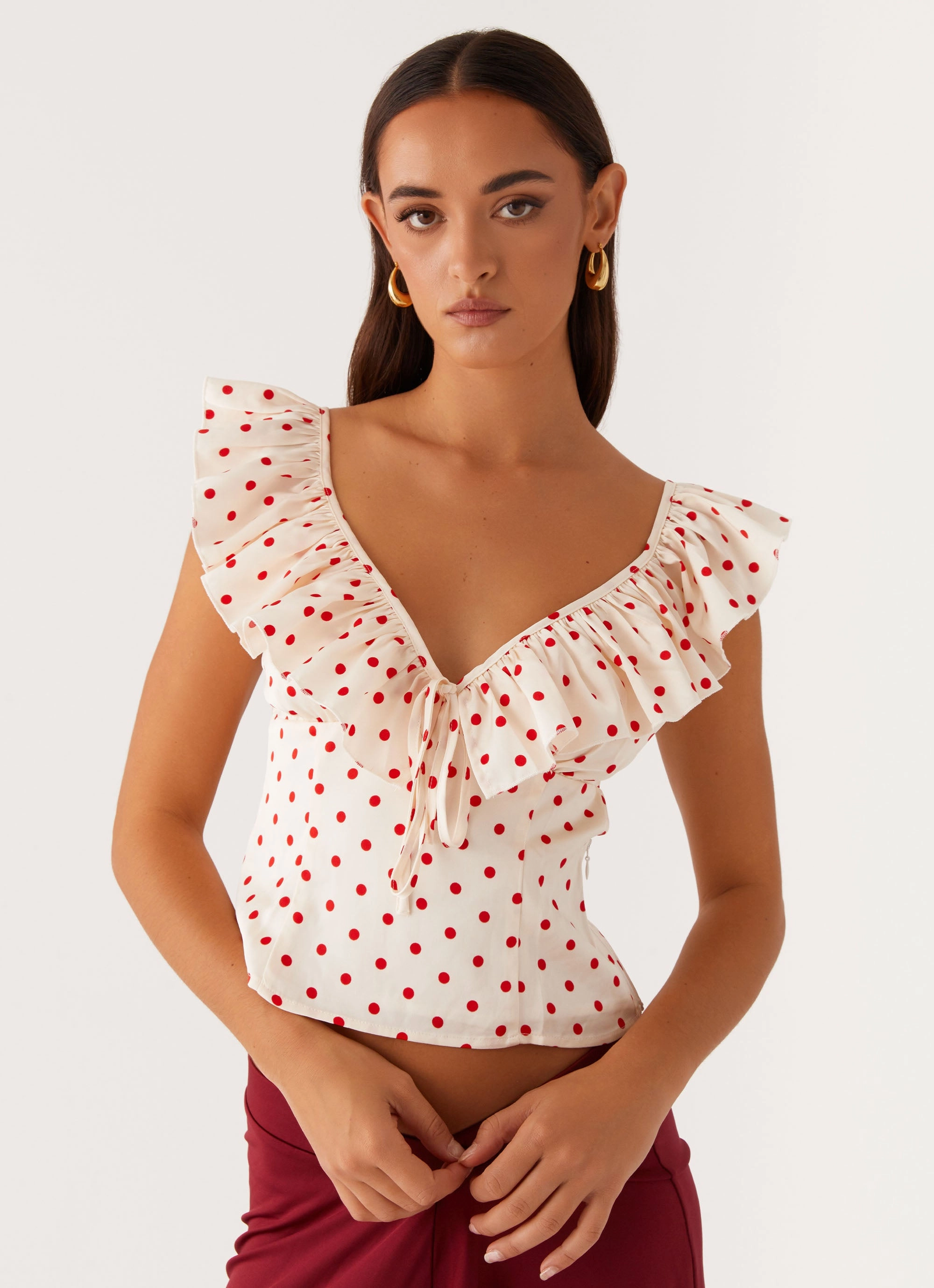 Regan Ruffle Top - Red Polka Dot Reinforced Shoulder Hot Weather