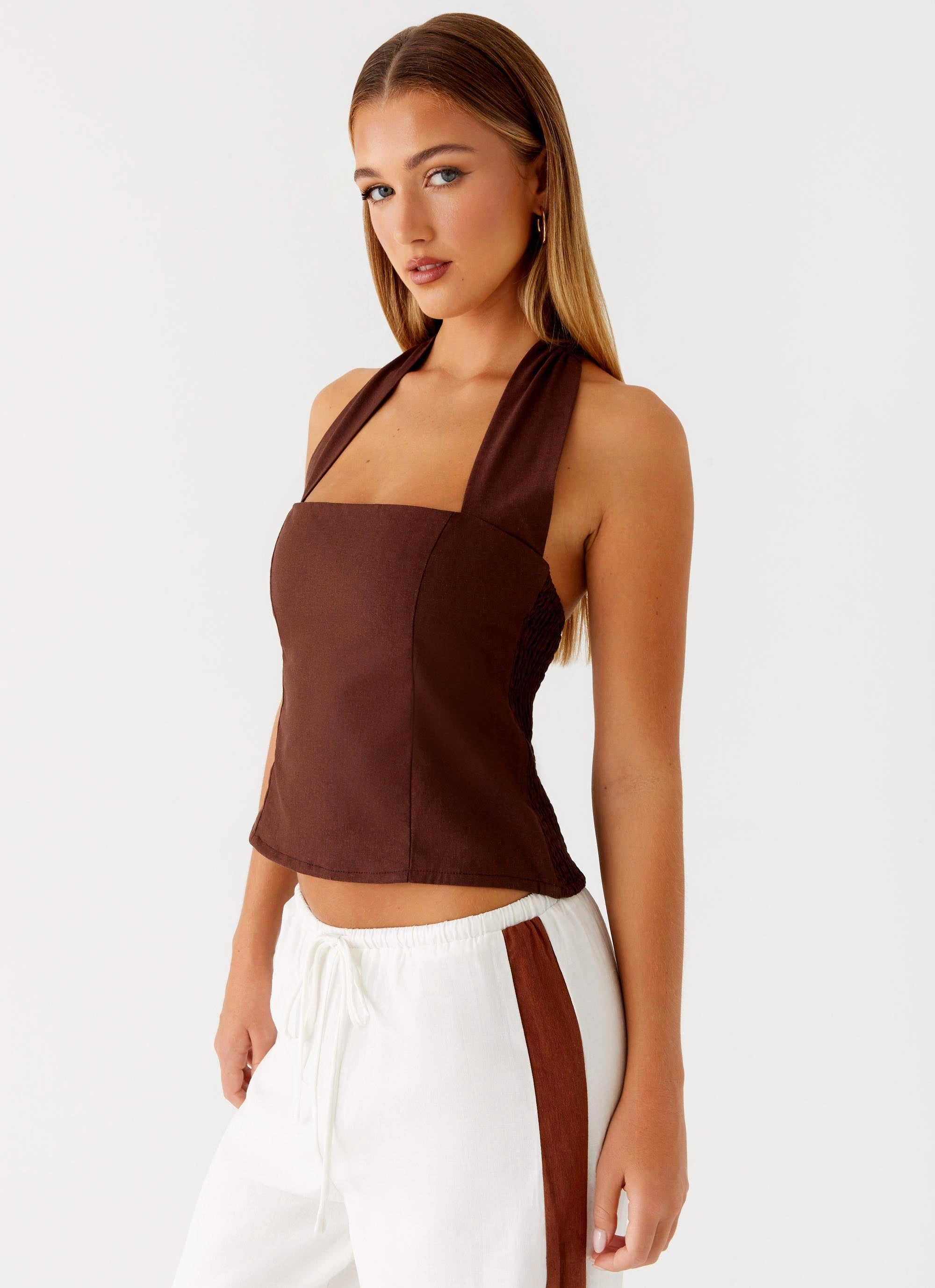 Circular Knit Technique Sunflare Linen Halter Top - Chocolate
