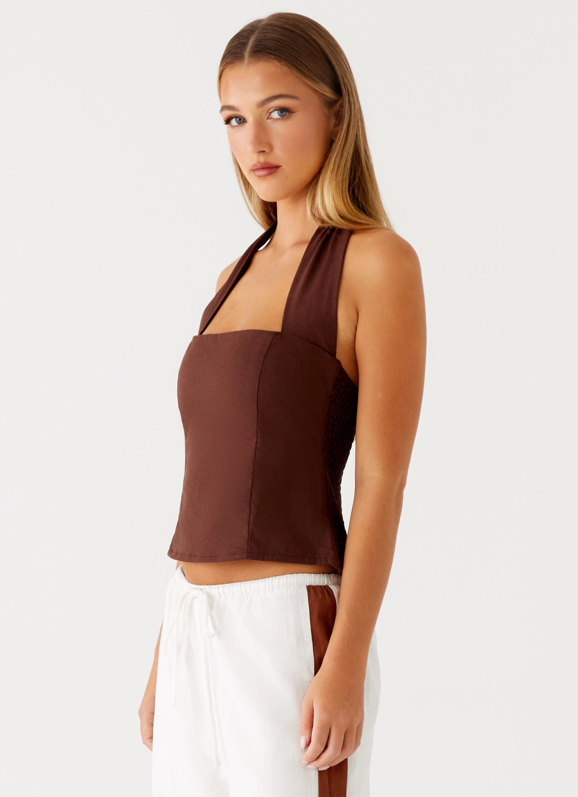 Sunflare Linen Halter Top - Chocolate QuickDryTech