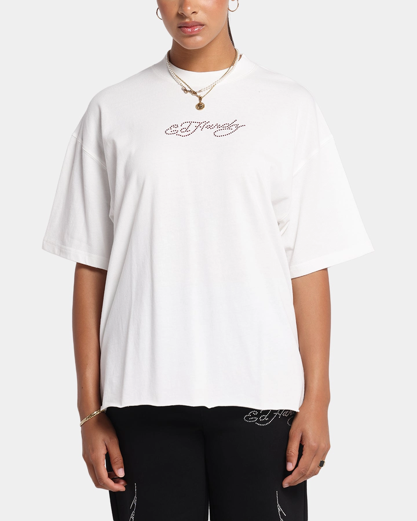Ed Hardy Techno Rhinestone T-Shirt Off White Fitted Design
