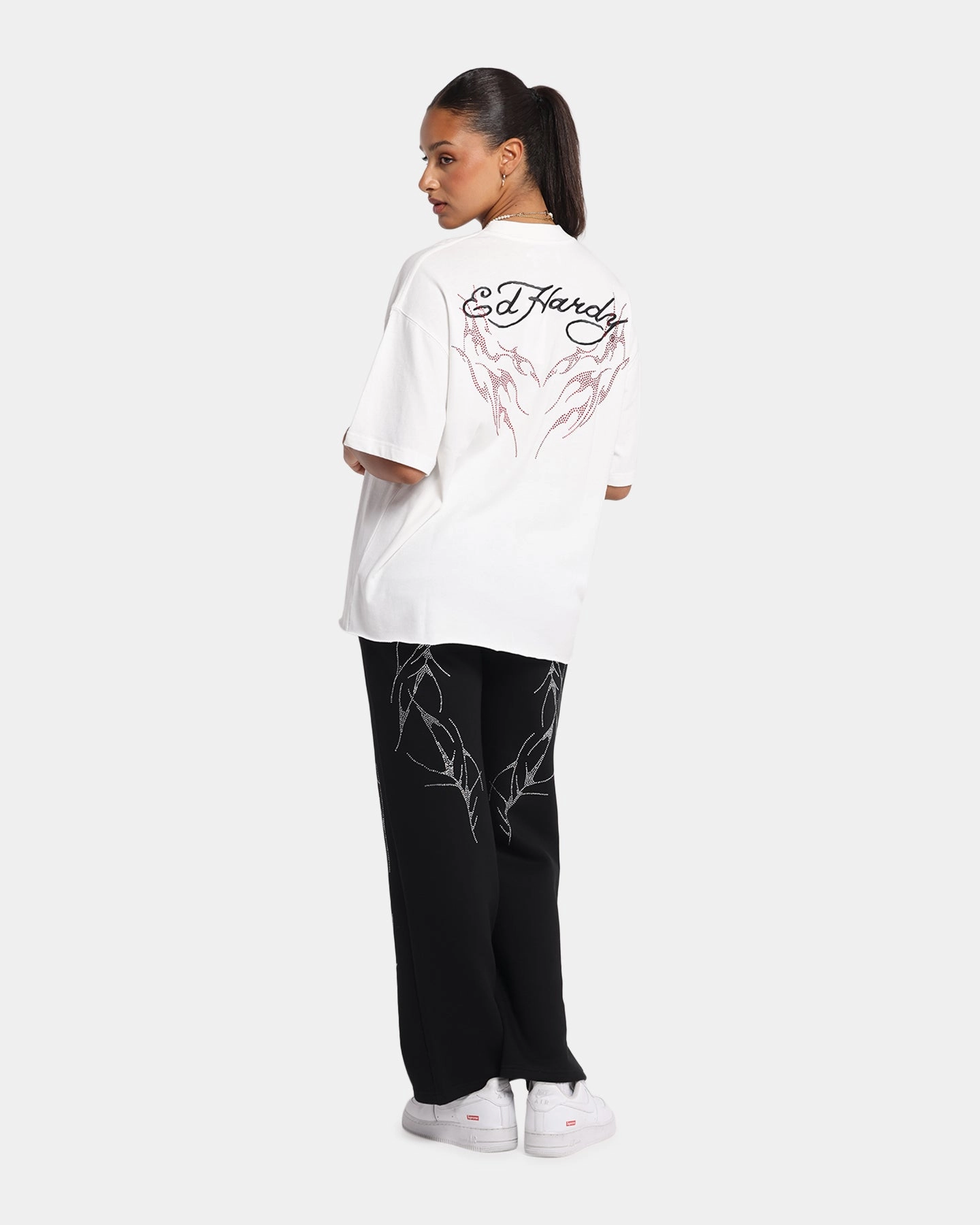 Printed Blouse Erasable Surface Coating Ed Hardy Techno Rhinestone T-Shirt Off White