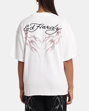 Silicone Print Detail Ed Hardy Techno Rhinestone T-Shirt Off White
