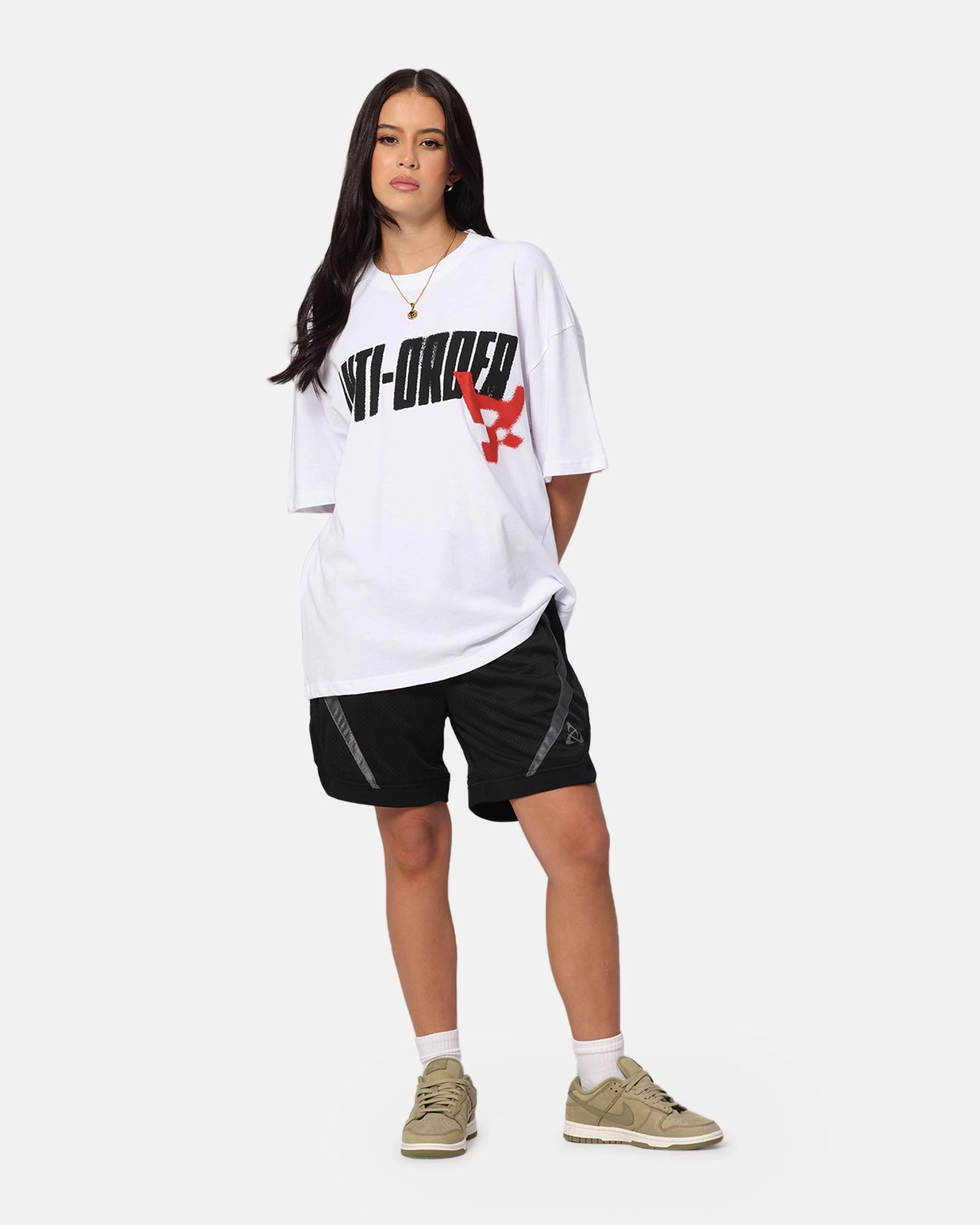 V Neck Design Interlock Stitch Detail The Anti Order Anti Stacked Drop Shoulder T-Shirt White