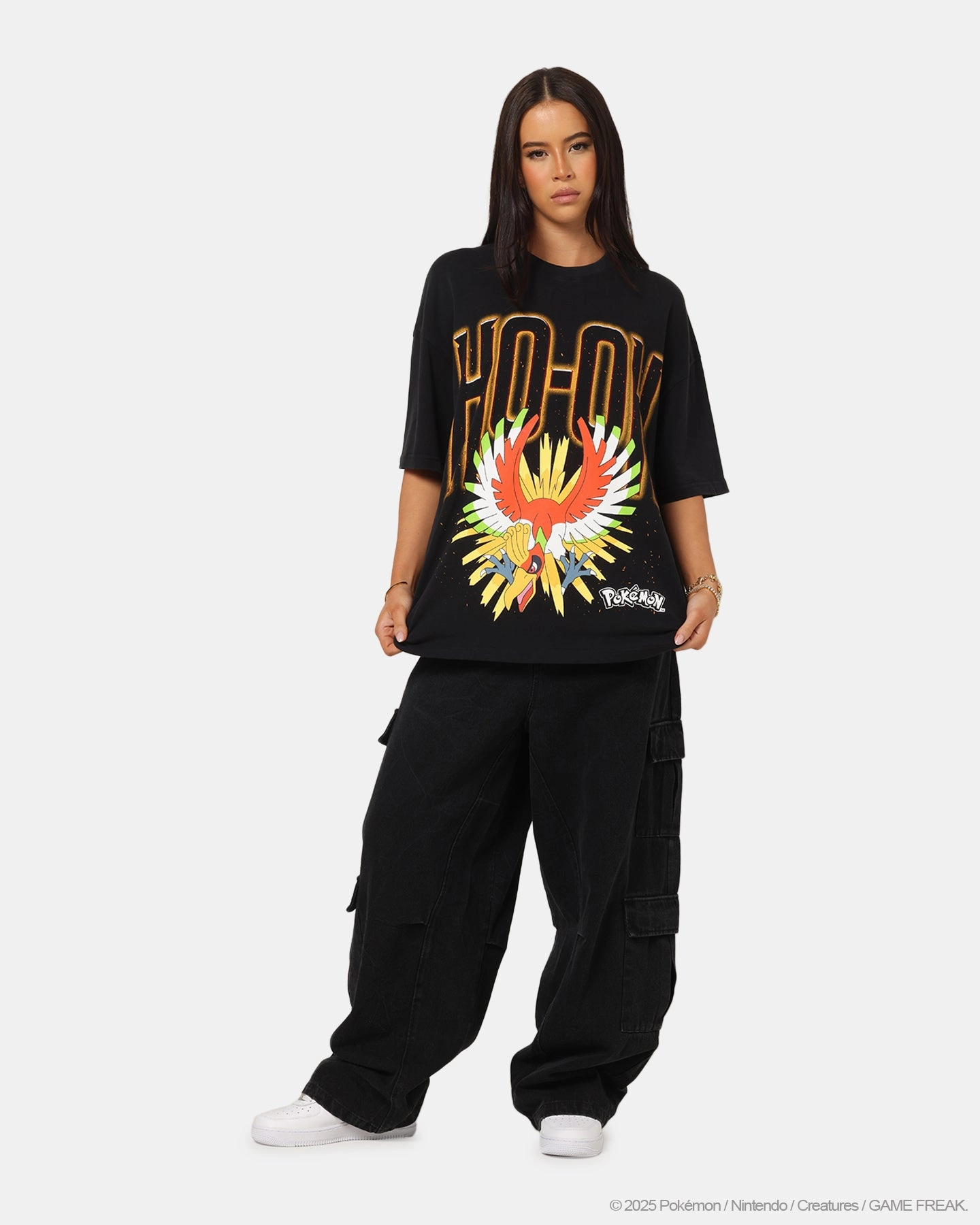 The Pok??mon Collection By 73 Studio Ho-Oh T-Shirt Black Acidwash DoubleLayeredShoulders