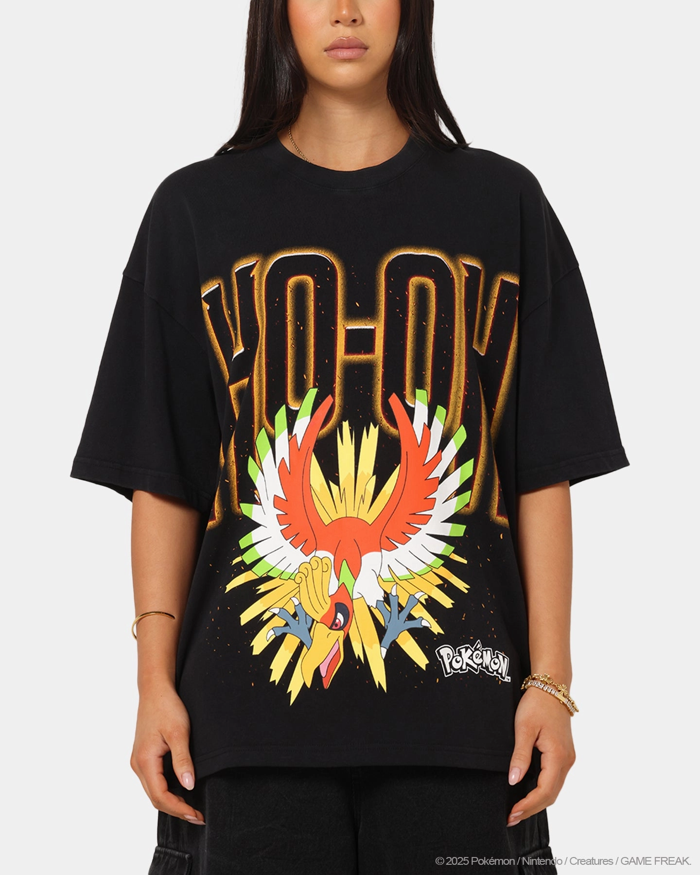 Stretch Knit Material Interlock Stitching The Pok??mon Collection By 73 Studio Ho-Oh T-Shirt Black Acidwash