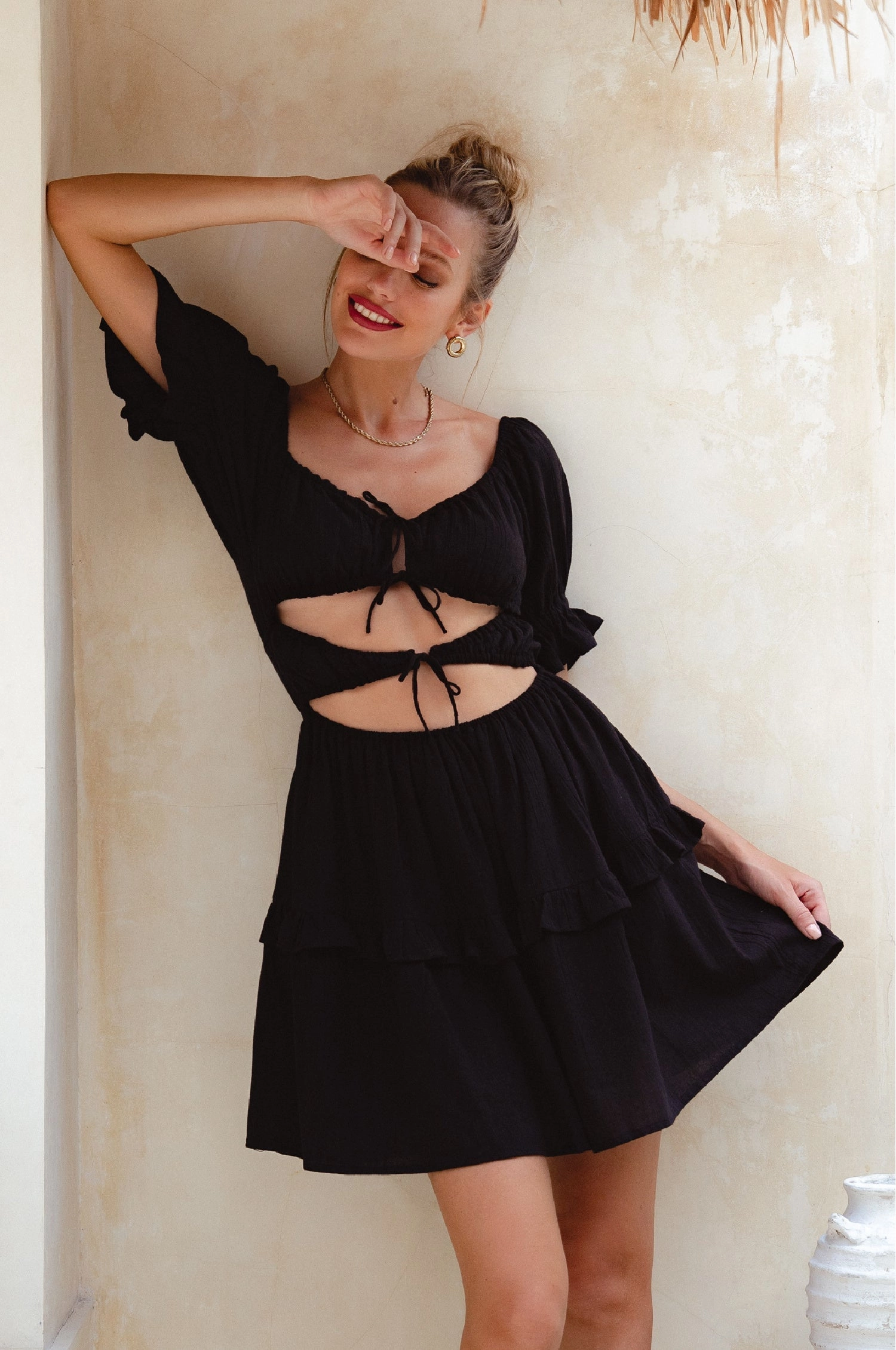 Chic Waist Chantelle Ruffled Linen Mini Dress (Sale)