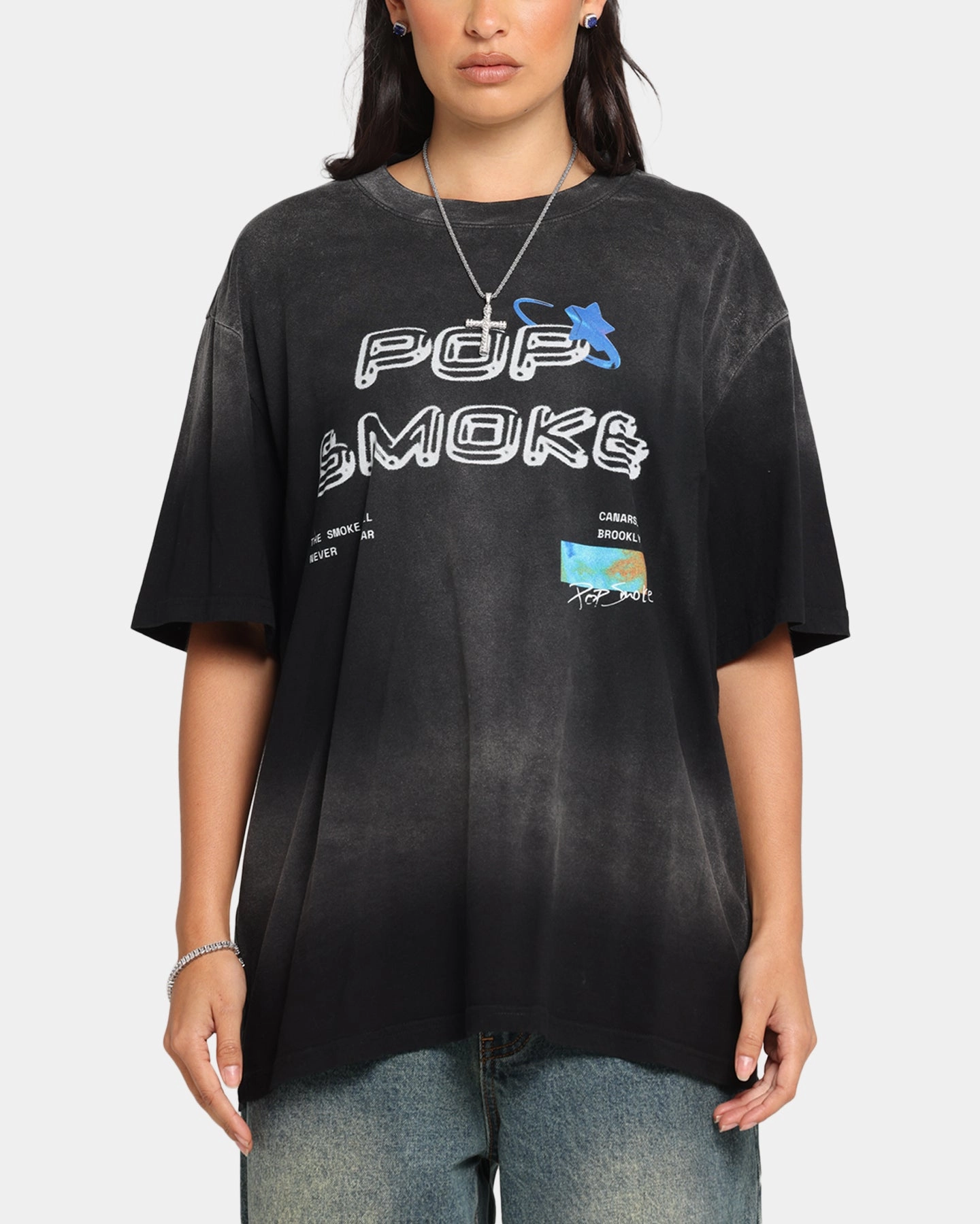 Soft Texture Anti Static Treatment Pop Smoke Never Clear T-Shirt Black Wash