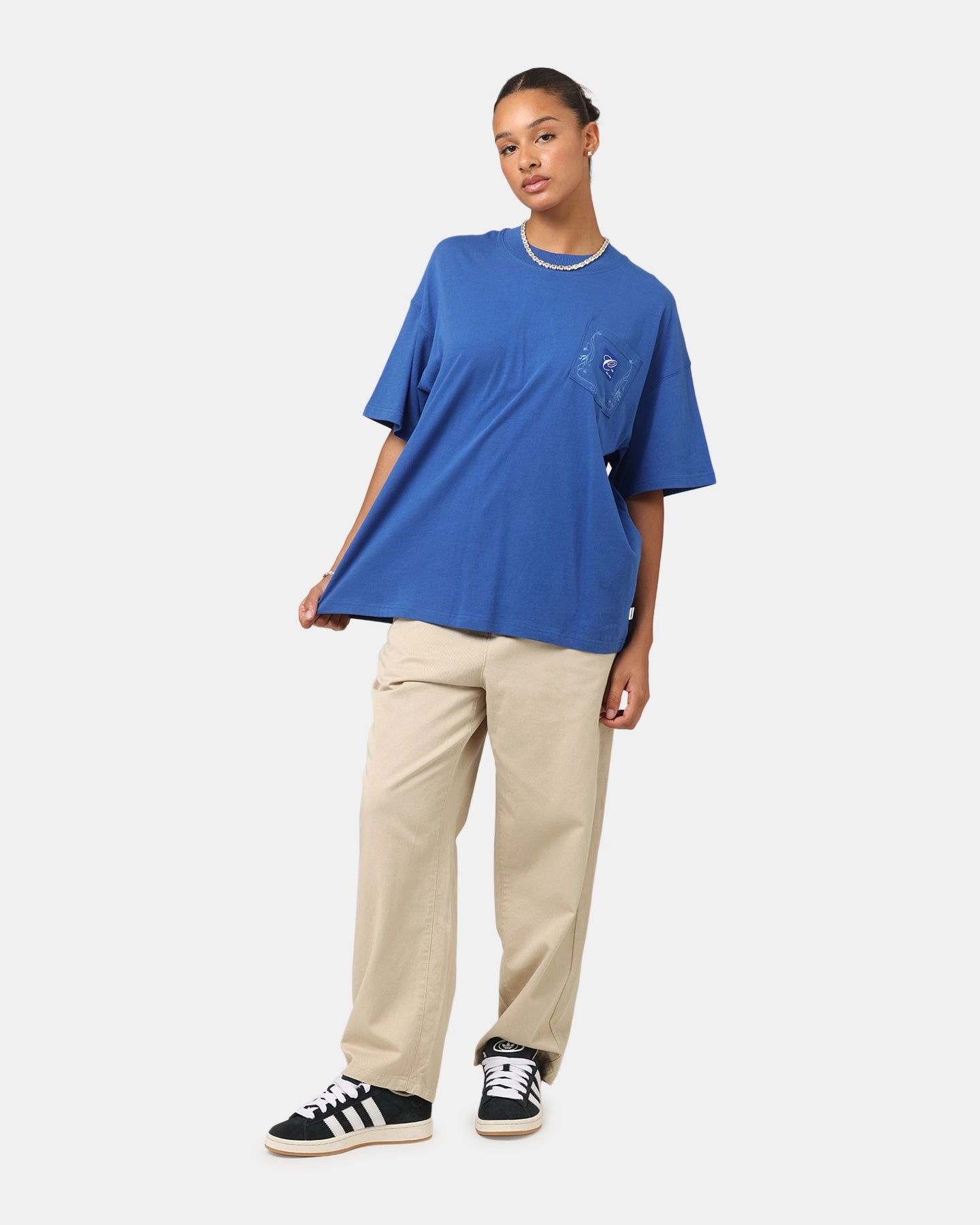 Soft Blended Fabric LowImpact Manufacturing Carre Floral Pocket Oversized T-Shirt Blue