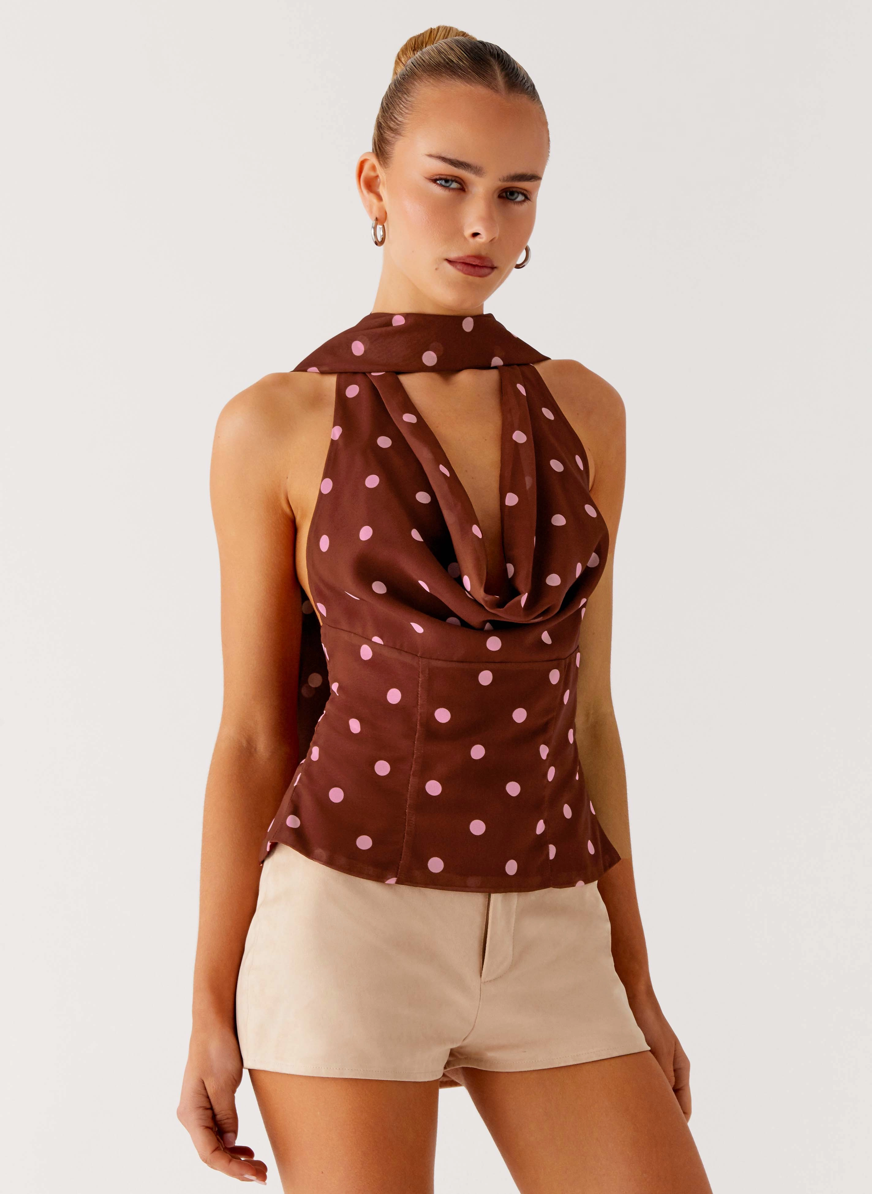 Stealing Love Scarf Top - Chocolate Strawberry Dot QuickDry Textile RibbedNeckline