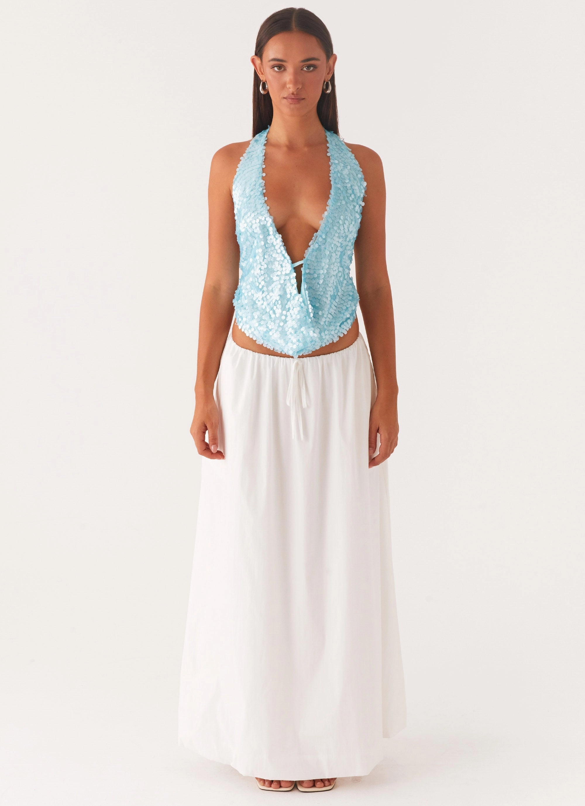 Stretch Material Rio Dreams Cowl Neck Halter Top - Turquoise