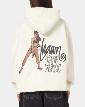 S Double Choose Your Weapon Hoodie Washed White Thermal Insulation Stretchable Neckline