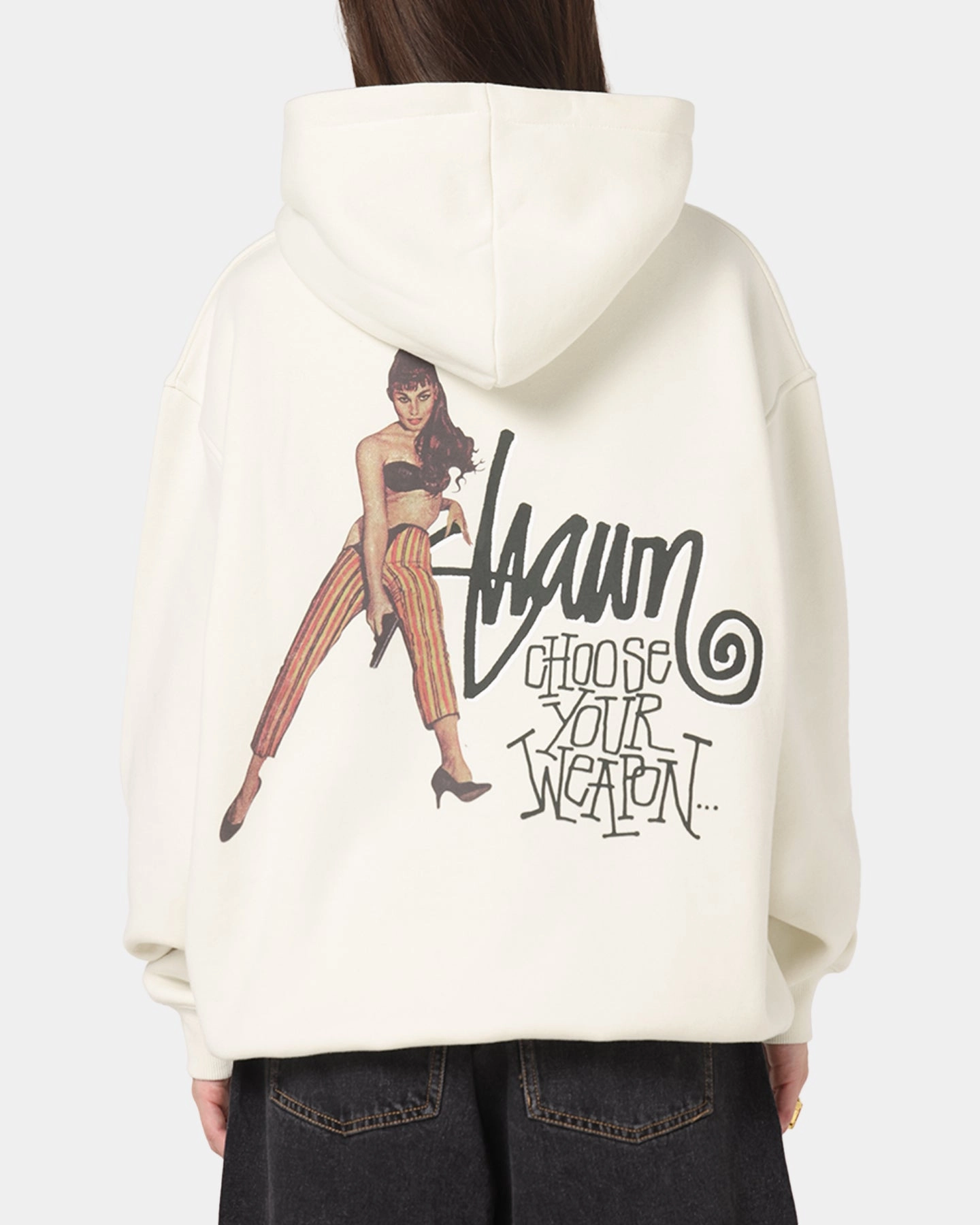 S Double Choose Your Weapon Hoodie Washed White Thermal Insulation Stretchable Neckline