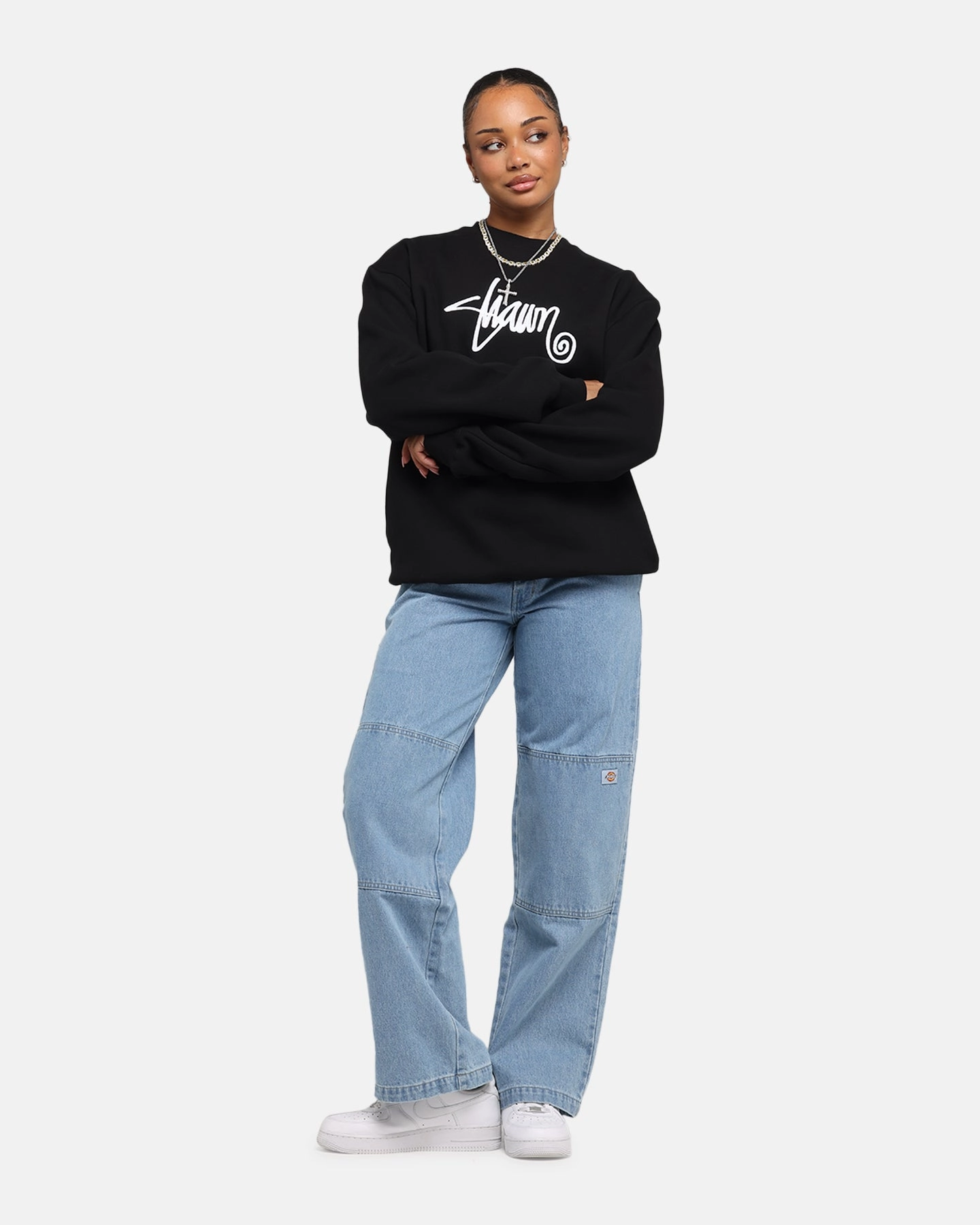 S Double Shawn Script Crewneck Black Casual Style DoubleLayeredFabric