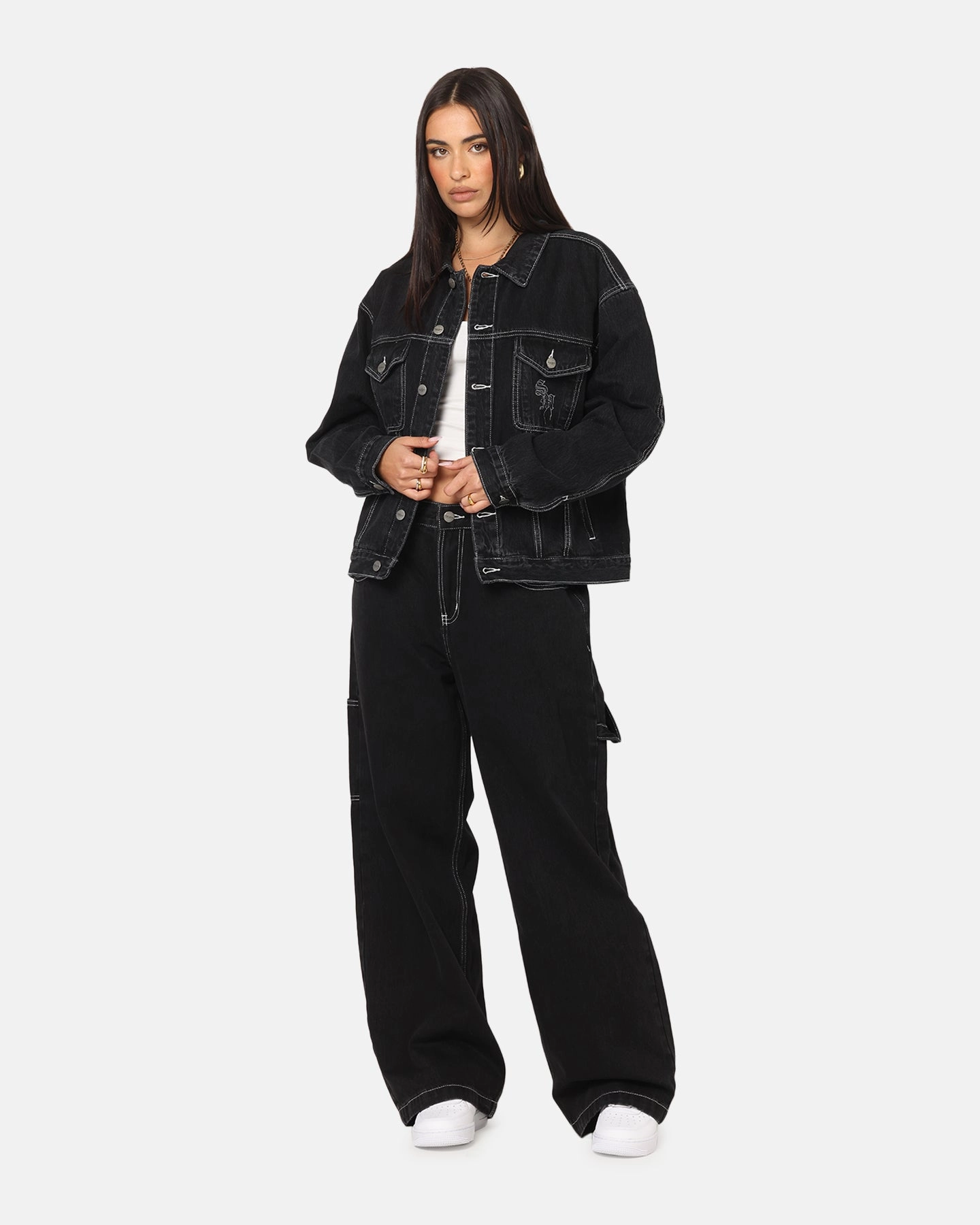 Saint Morta Fray Trucker Denim Jacket Contrast Black Reinforced Shoulders