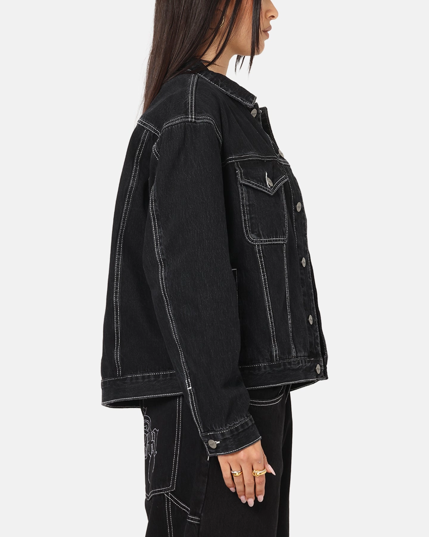 Microfiber Technology FlexibleRibbing Saint Morta Fray Trucker Denim Jacket Contrast Black