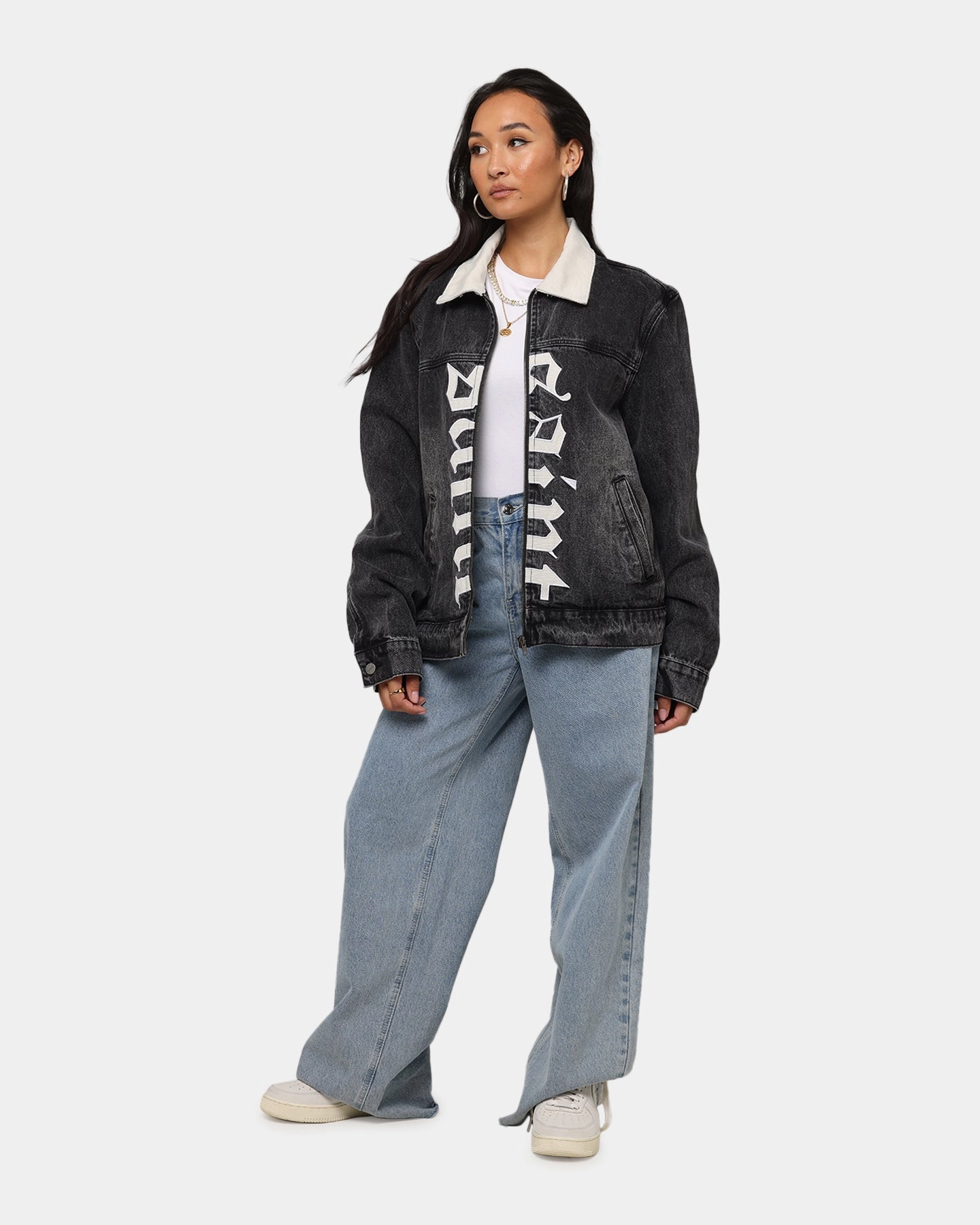 StretchableKnit Saint Morta Gothic Distressed Denim Jacket Black Shadow