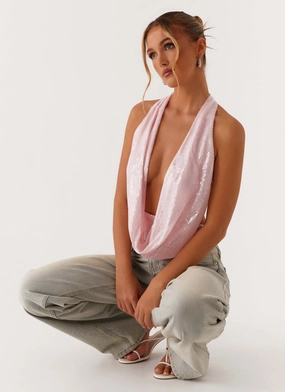 ContrastPlacket Sawyer Sequin Top - Pink Sequin