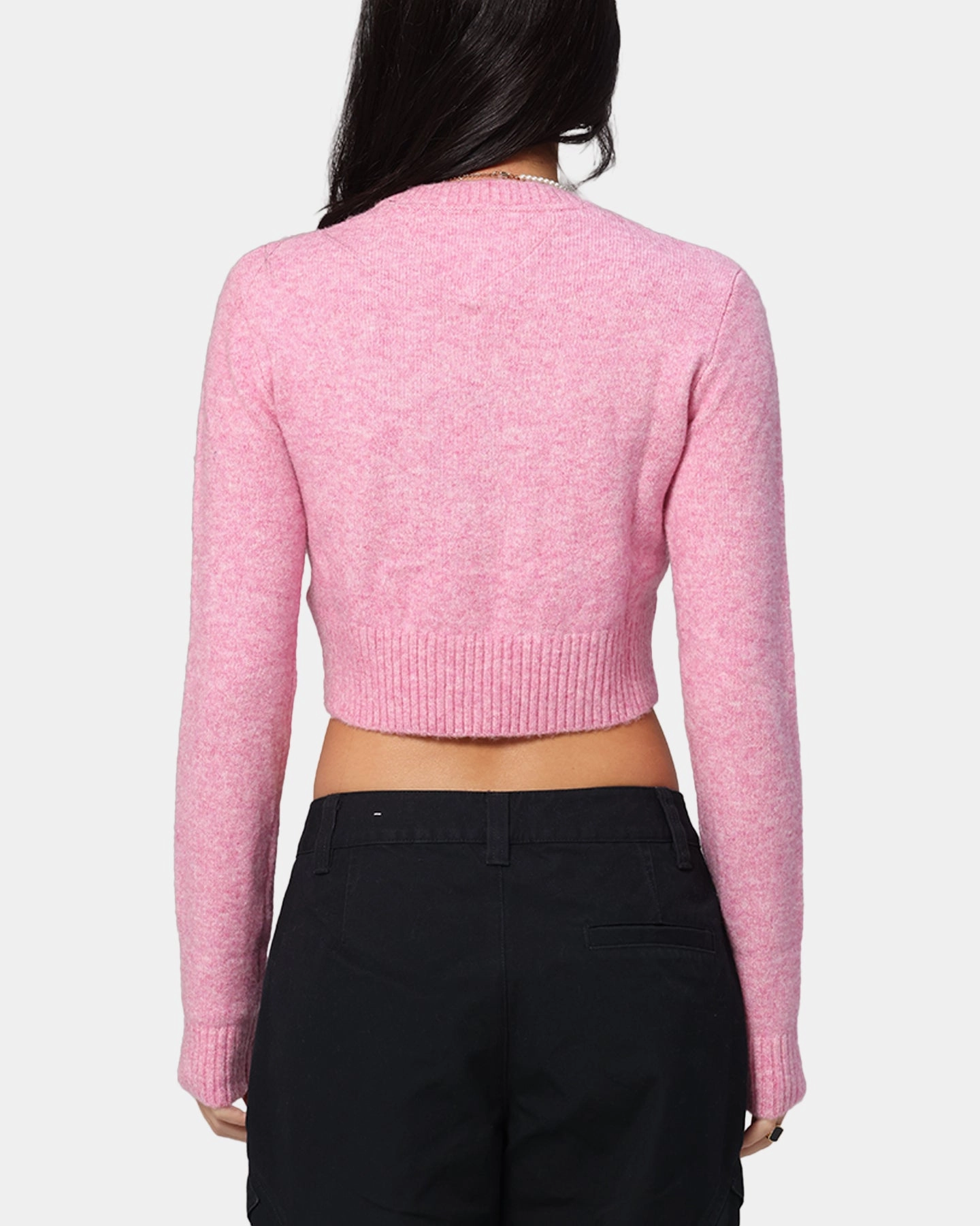 Tommy Jeans Women's Crop Script Sweater Pink ConvertibleCollar DoubleLayered Neckline