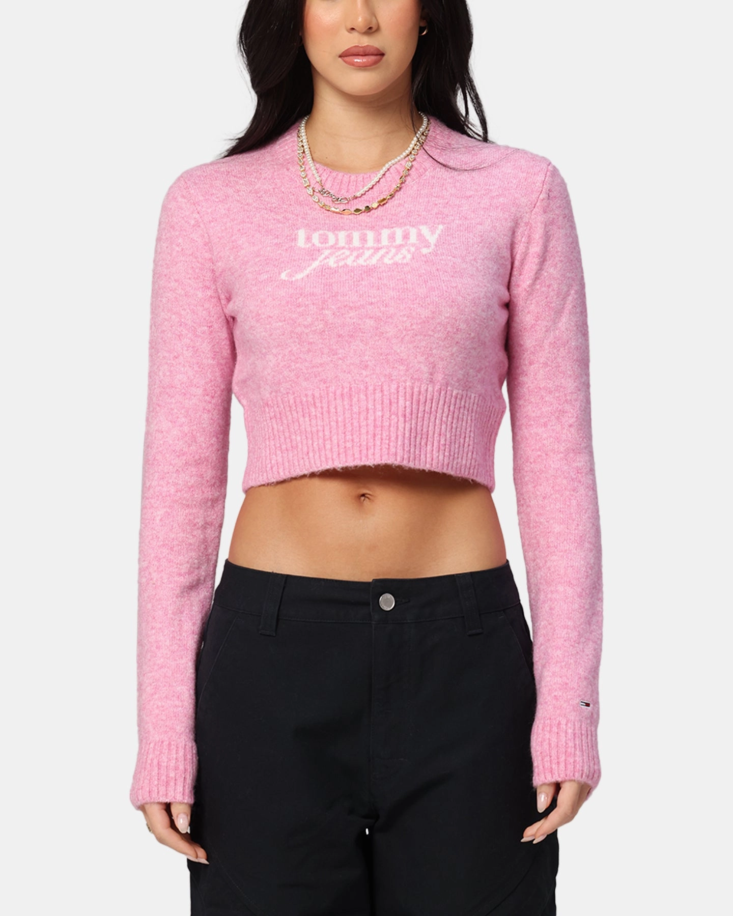 Tommy Jeans Women's Crop Script Sweater Pink AthleticInspired EthicallySourcedMaterial
