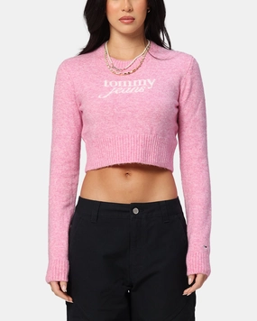 Tommy Jeans Women's Crop Script Sweater Pink AthleticInspired EthicallySourcedMaterial