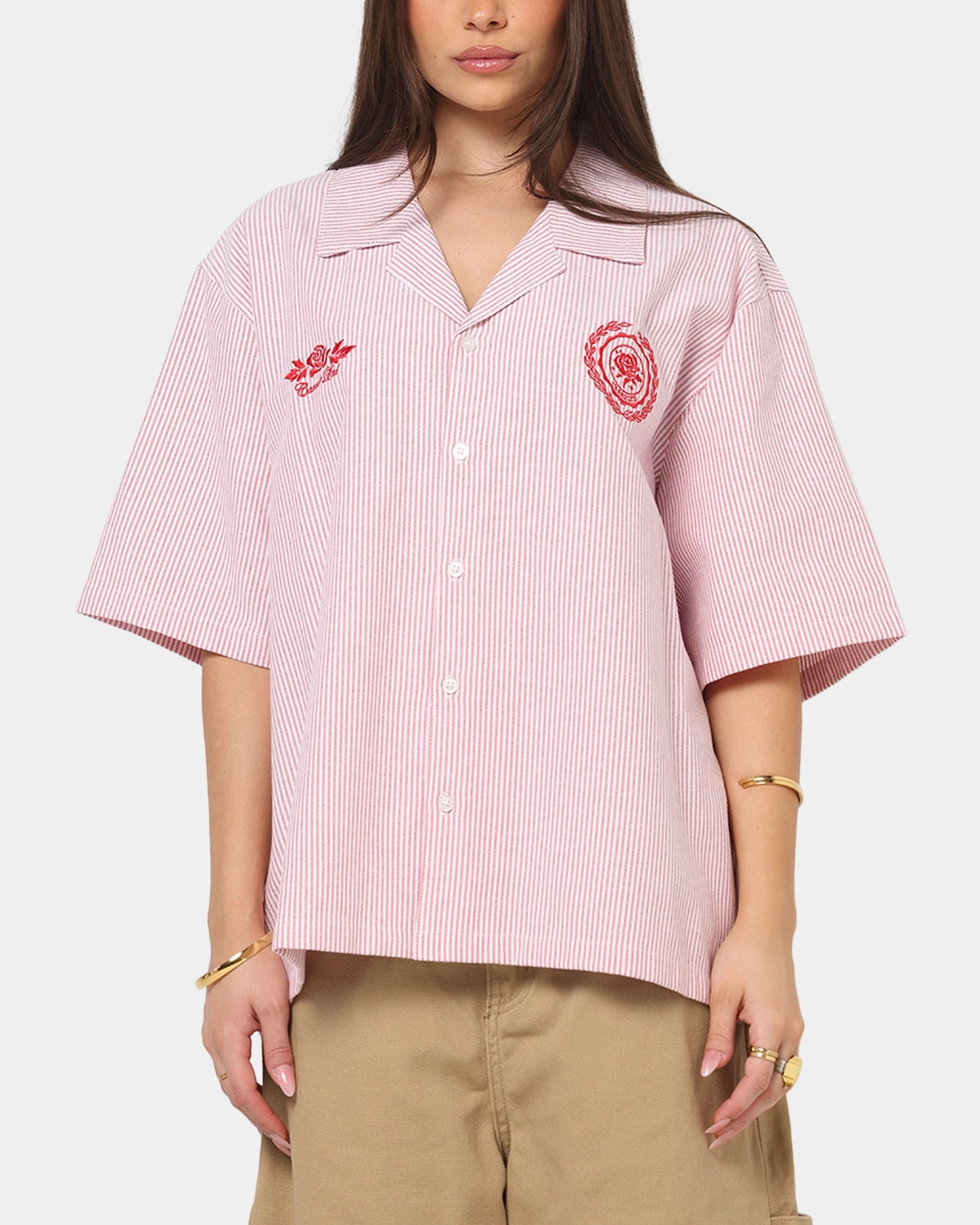 Carre Rose Pinstripe Button Up Shirt Red Stripe DurableStitching Machine Washable Fabric