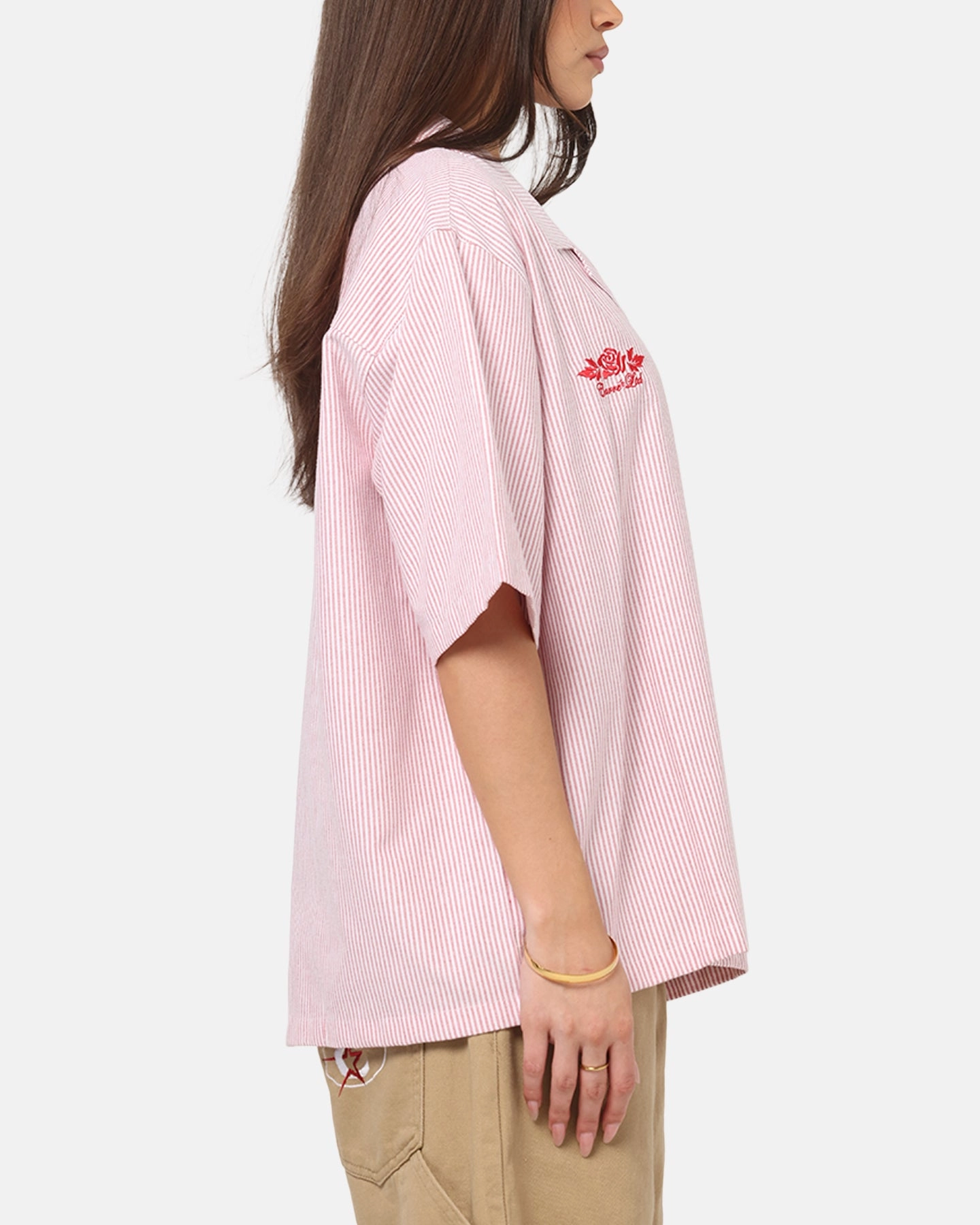 Carre Rose Pinstripe Button Up Shirt Red Stripe Rubberized grip Stretchable Material