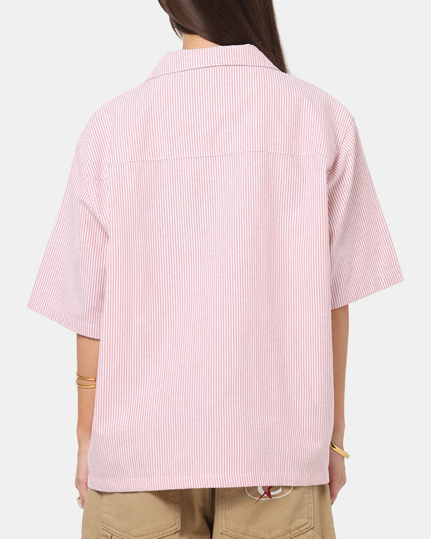 Brushed Microfiber Surface Abrasion Resistant Fabric Carre Rose Pinstripe Button Up Shirt Red Stripe