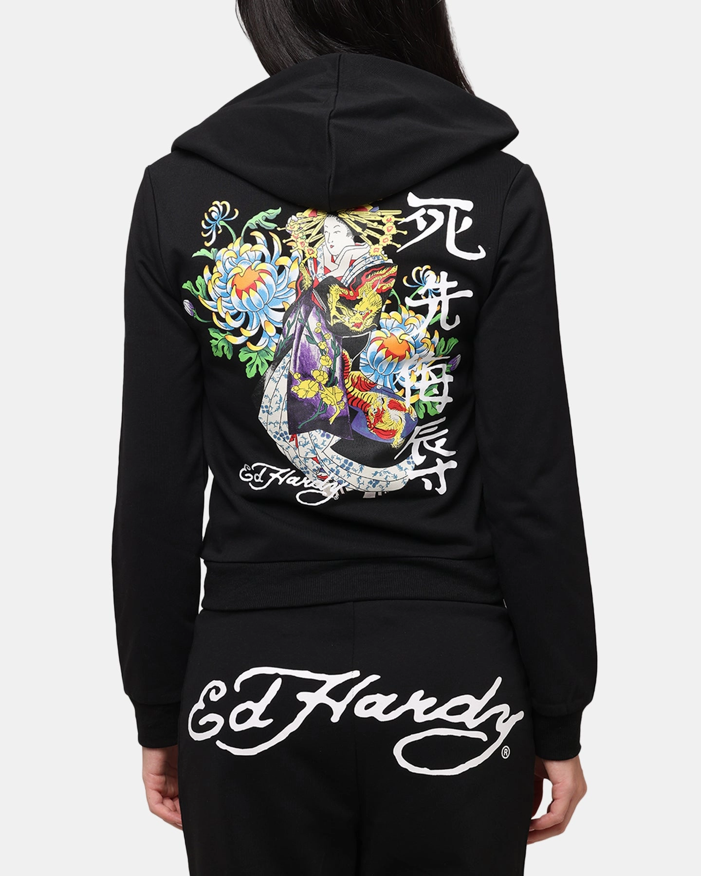 Ed Hardy Women's Flora Zip Hoodie Black MoistureWicking Fabric
