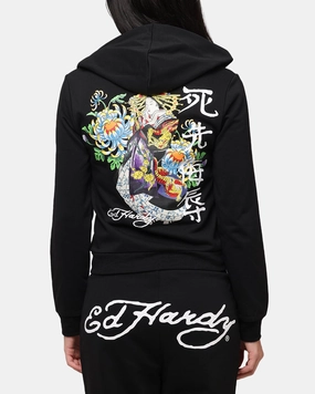 Ed Hardy Women's Flora Zip Hoodie Black MoistureWicking Fabric