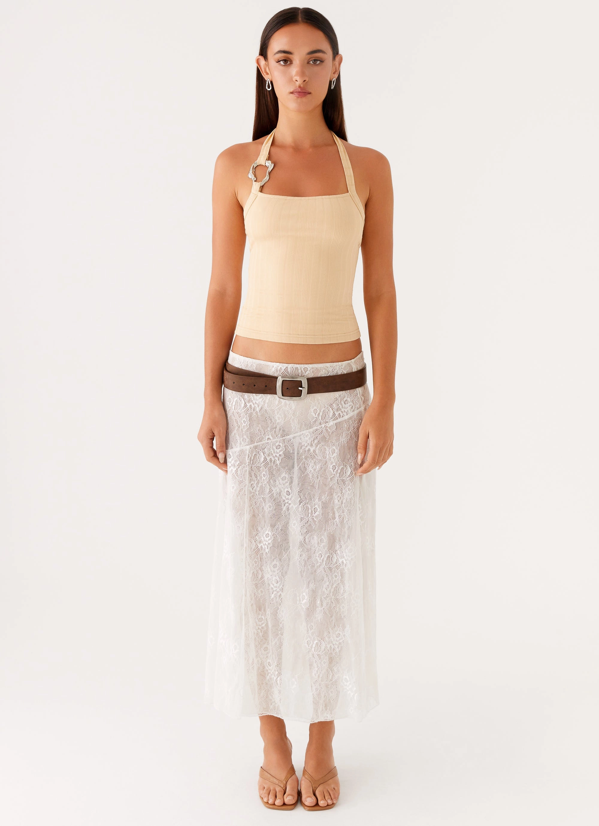 Distressed Texture Layered Shoulder Selene Halter Top - Tan