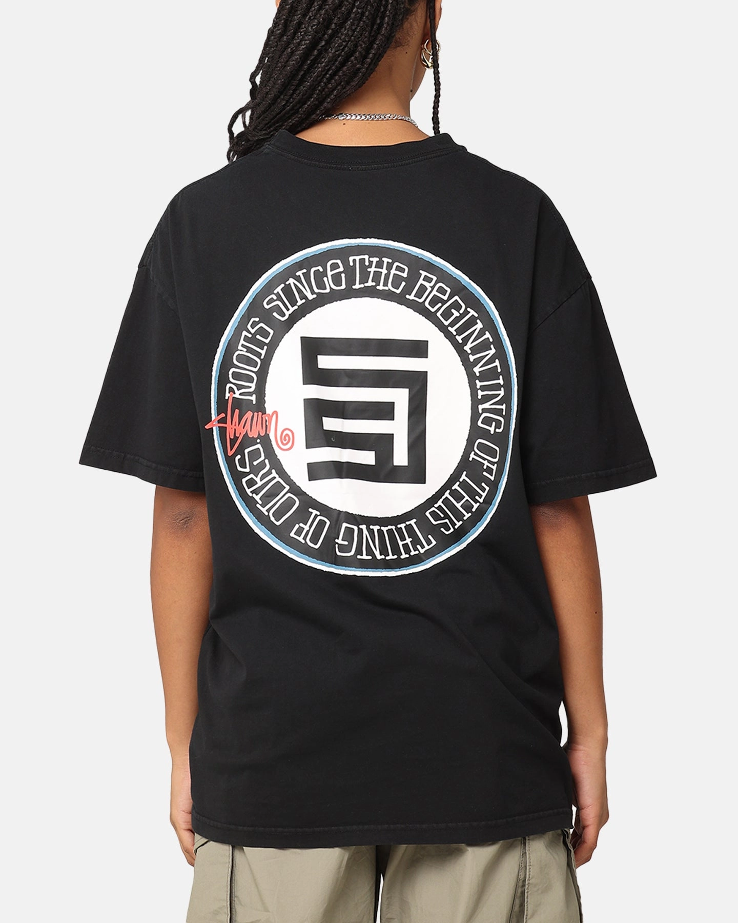 S Double Roots Dot T-Shirt Washed Black Weighted Hem Design Non Irritating Seam Finish